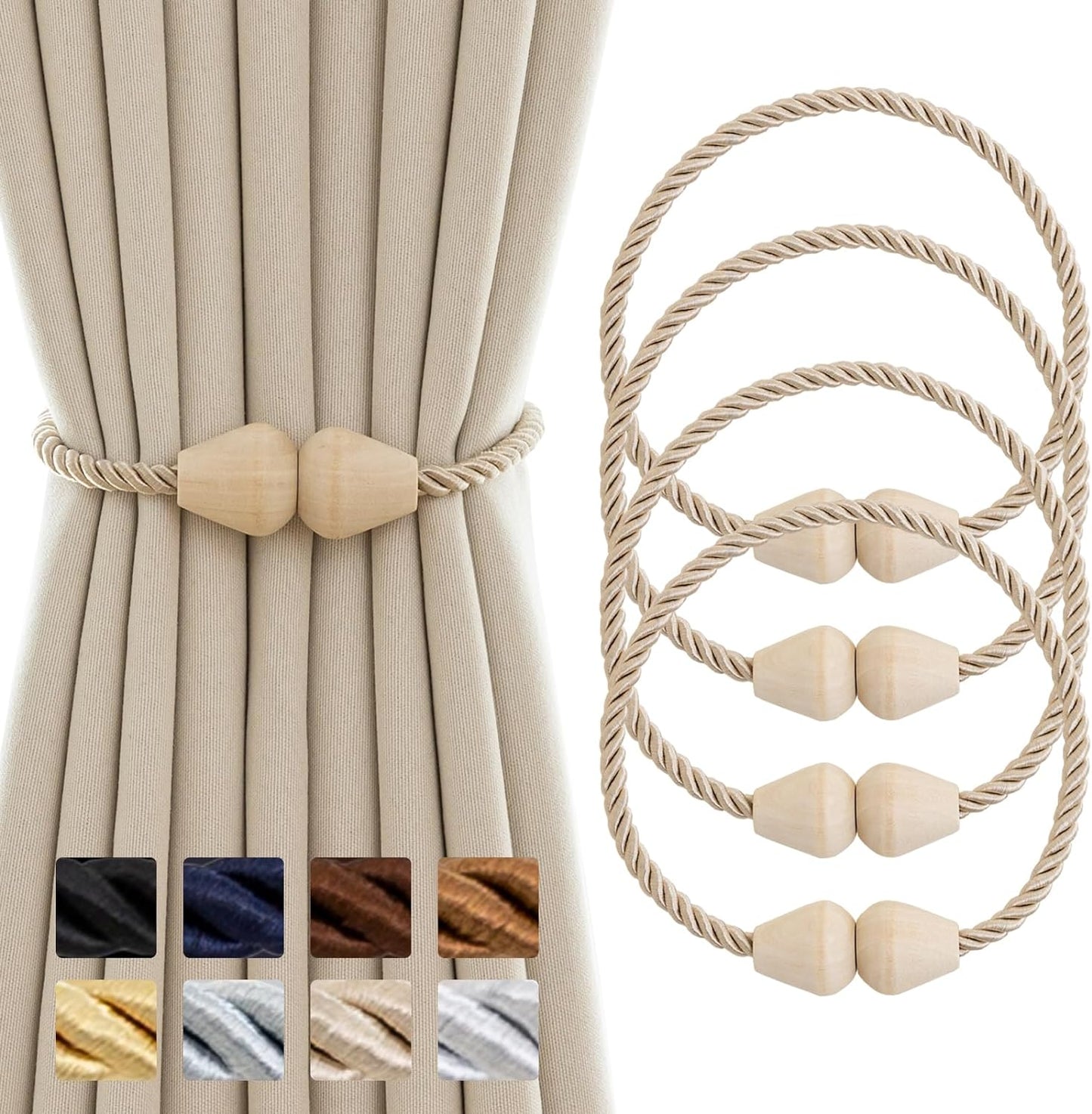 Boho Wooden Magnetic Tiebacks 4-Pack Handmade Holdbacks