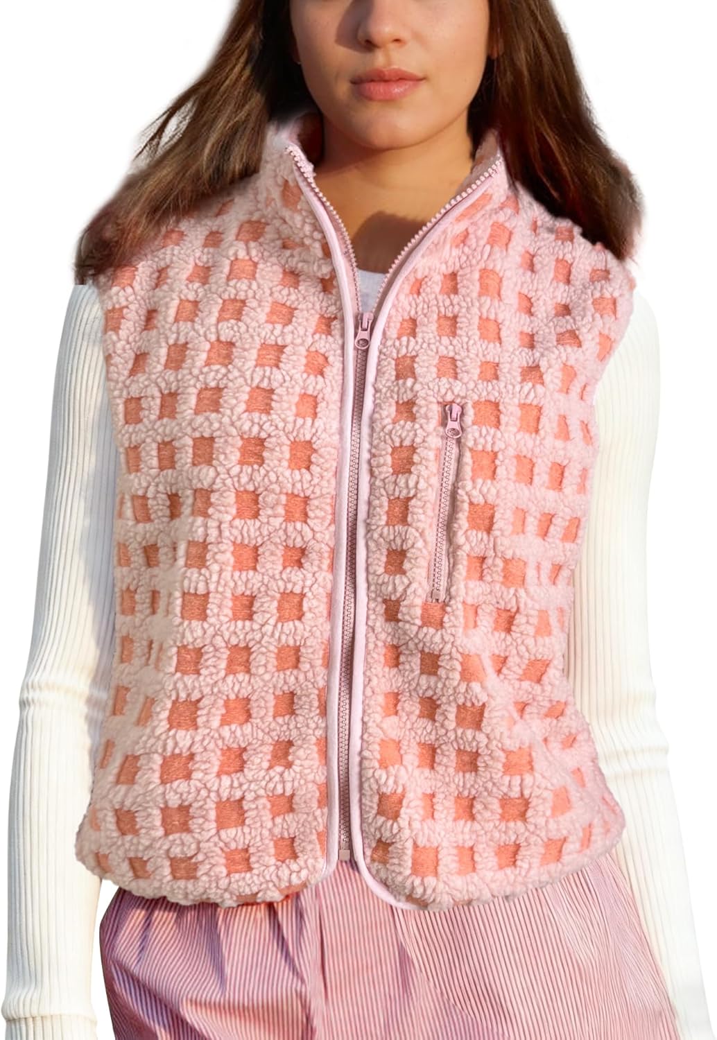 Womens Checkered Sherpa Vest for Stylish Winter Outfits