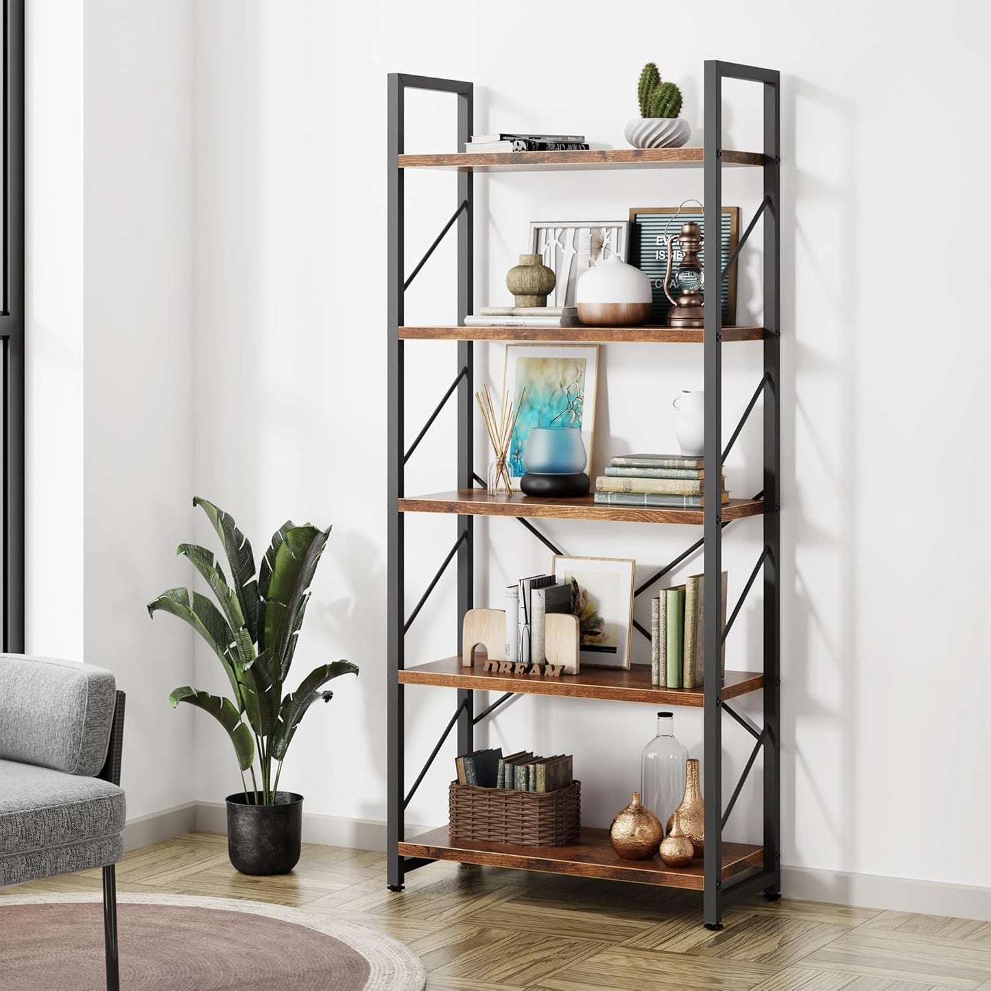 Shintenchi 5 Tier Bookshelf - Modern Industrial Bookcase Rack