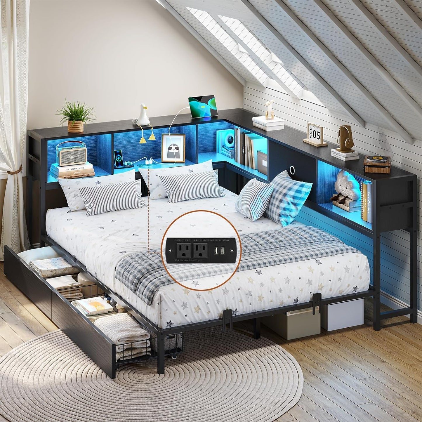 DICTAC Full Corner Bed Frame with Bookcase and LED Lights