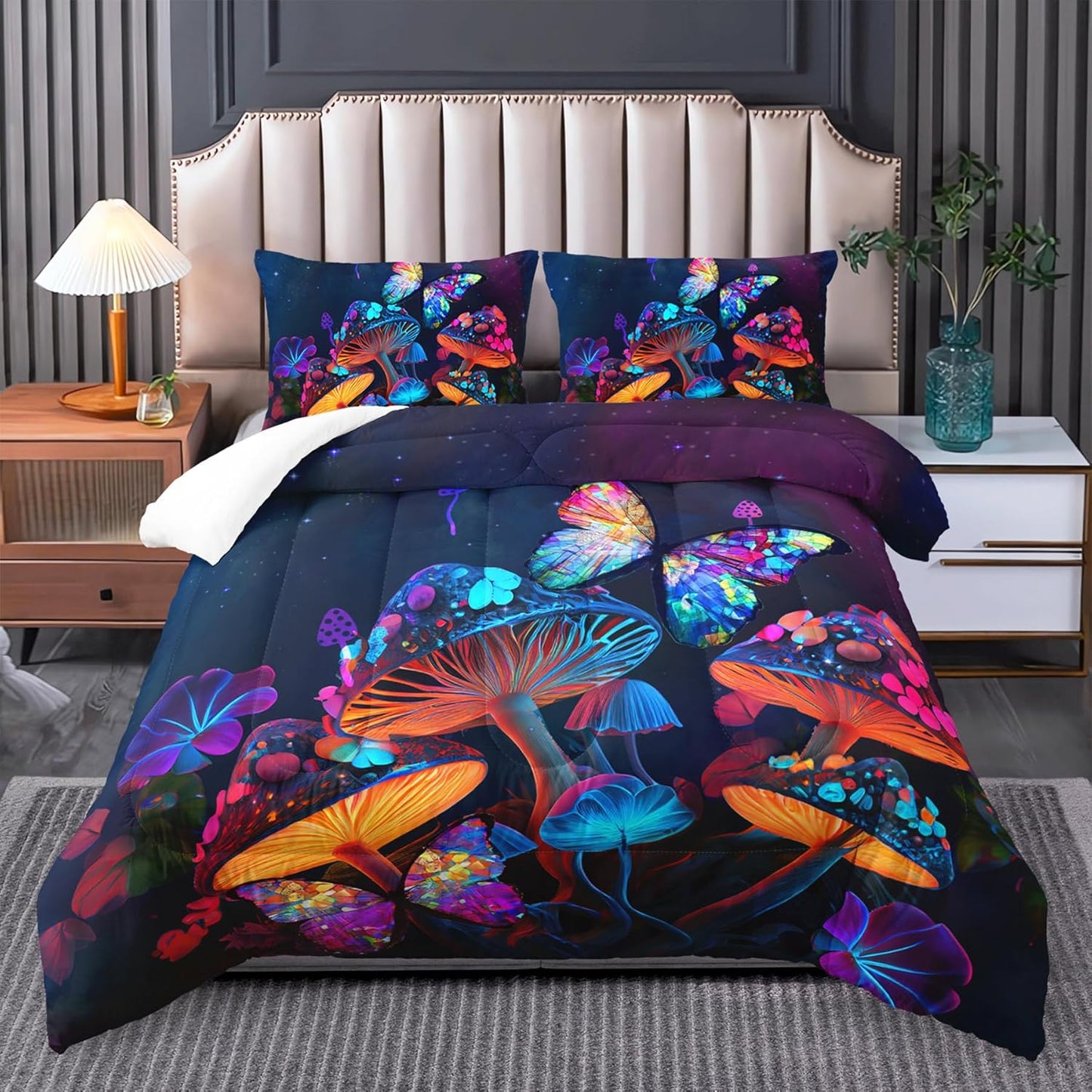 Black Mushroom Twin Comforter Set for Boho Gothic Bedroom Decor
