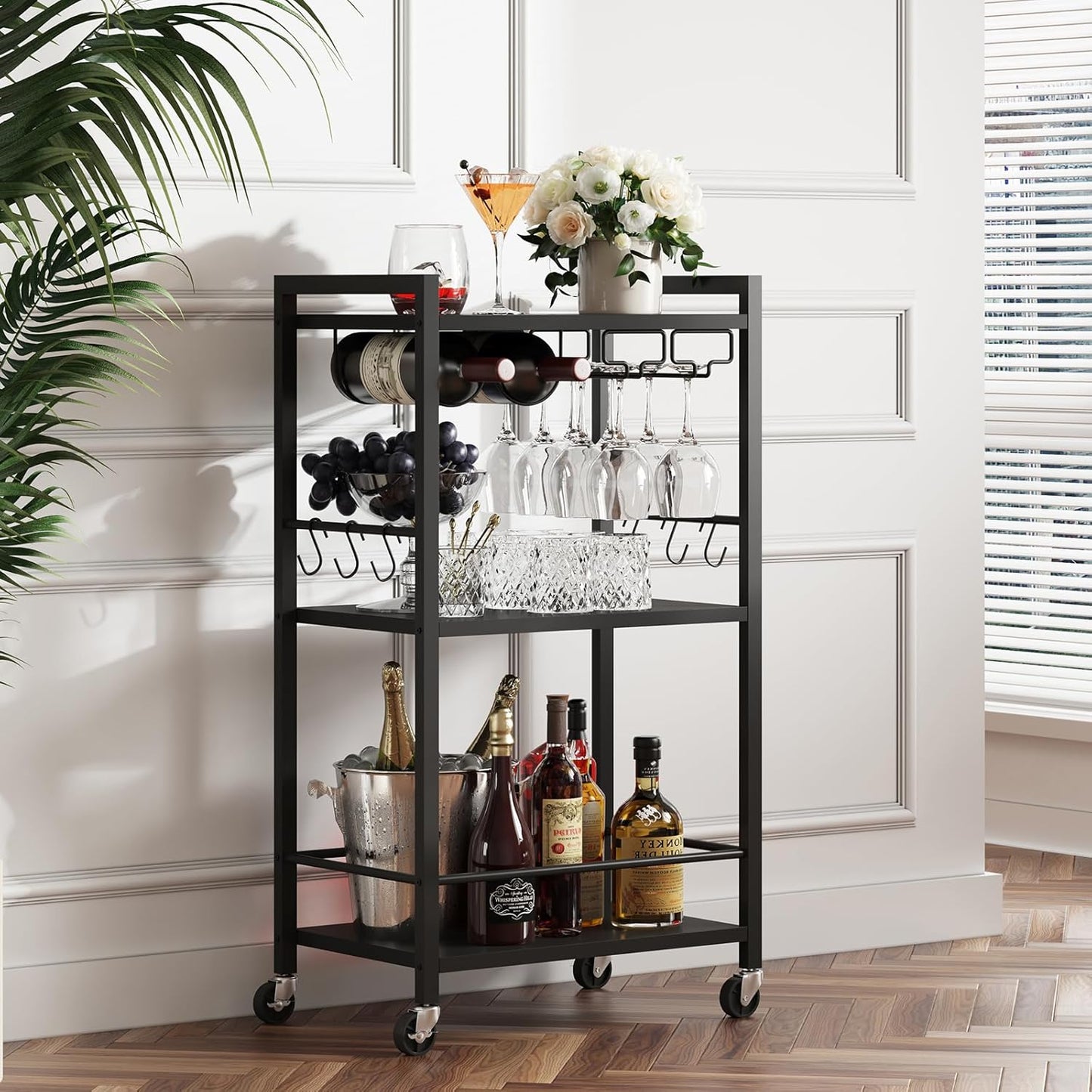TUTOTAK Bar Cart with 3-Tier Shelf and Wine Rack for Home