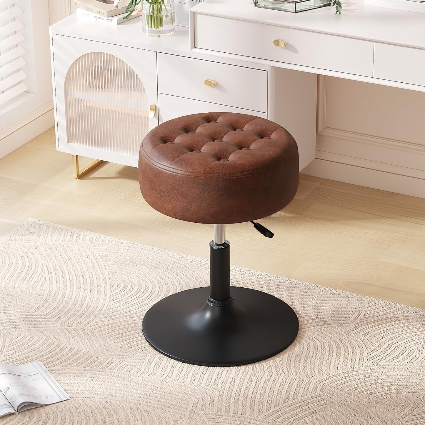 Mid-Century Tufted Adjustable Swivel Makeup Ottoman Stool