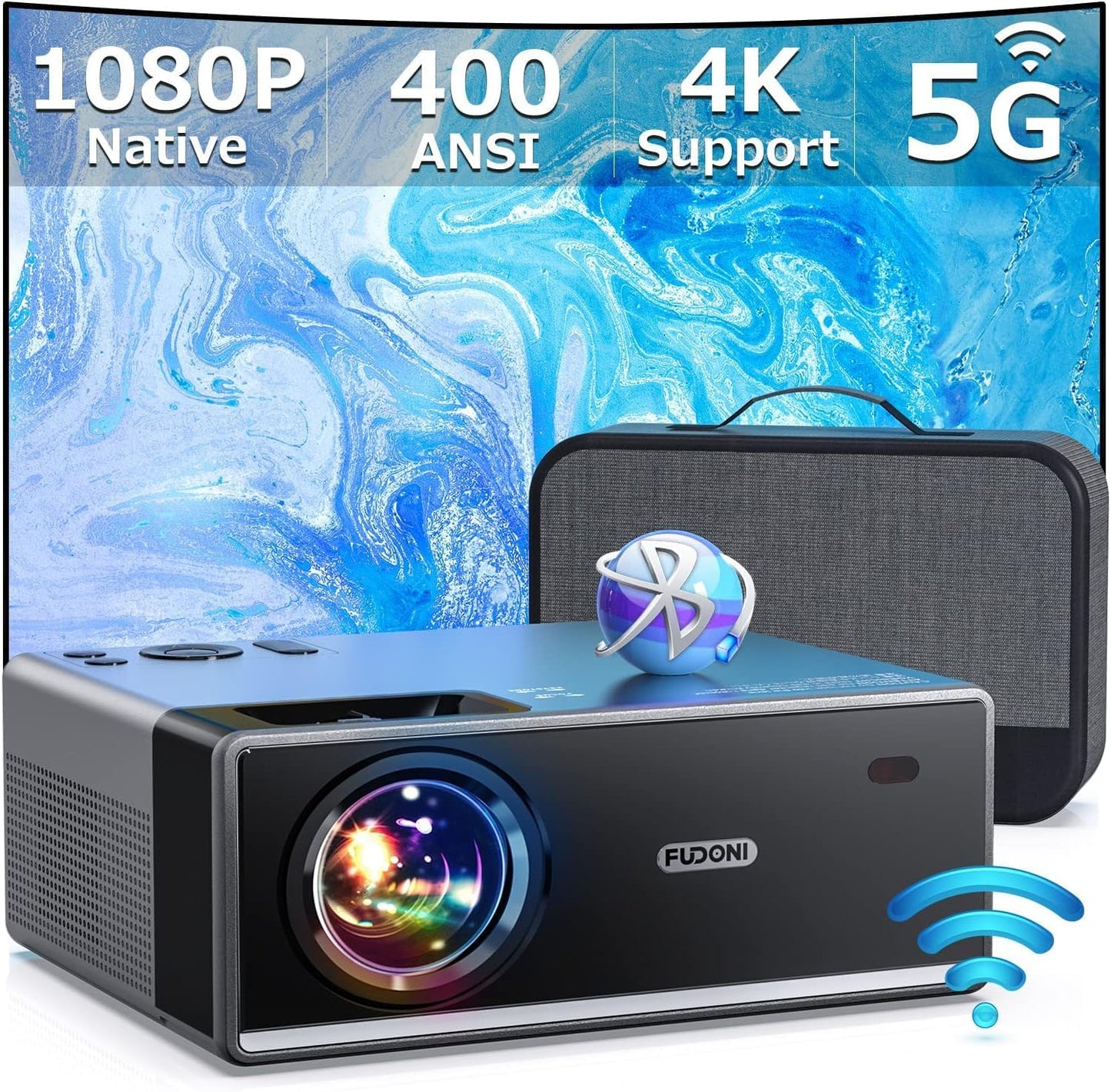 FUDONI 5G WiFi Projector: 1080P, 18000L, Max 300 Display, Zoom Function