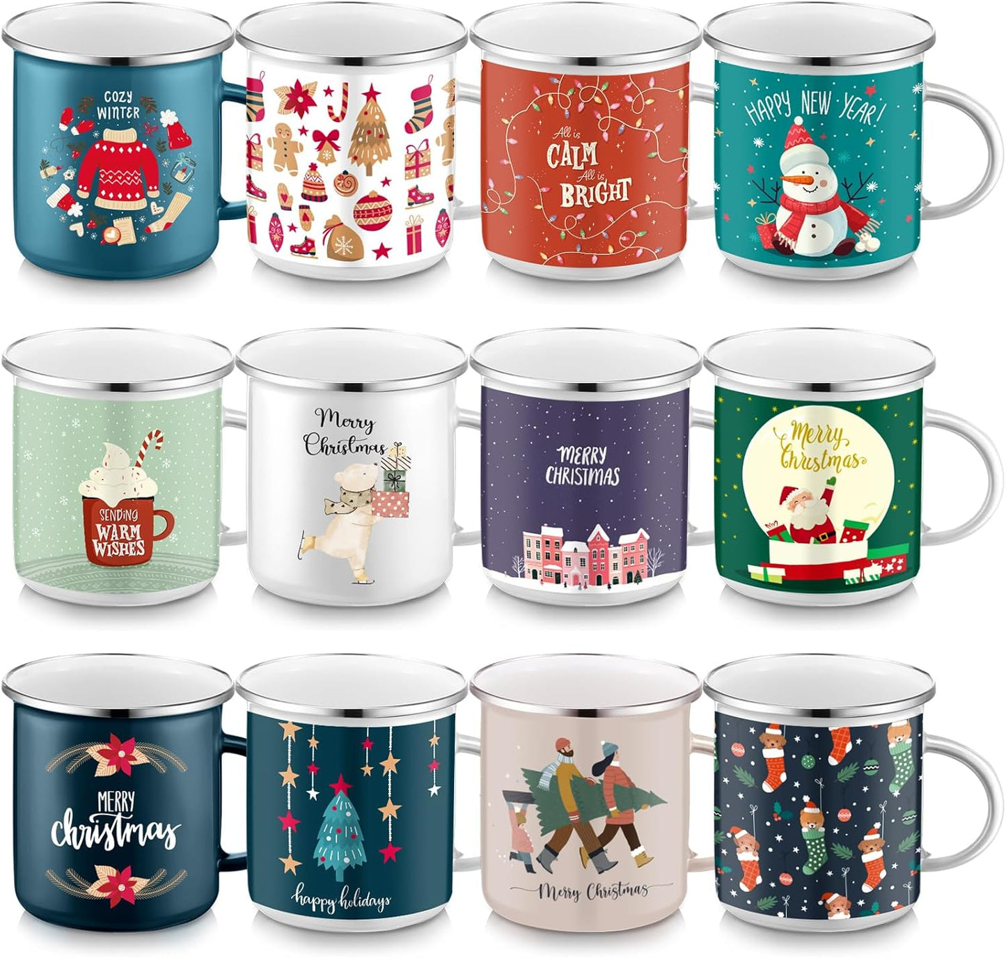 12 Pcs Christmas Enamel Mugs Set for Holiday Cheer and Fun