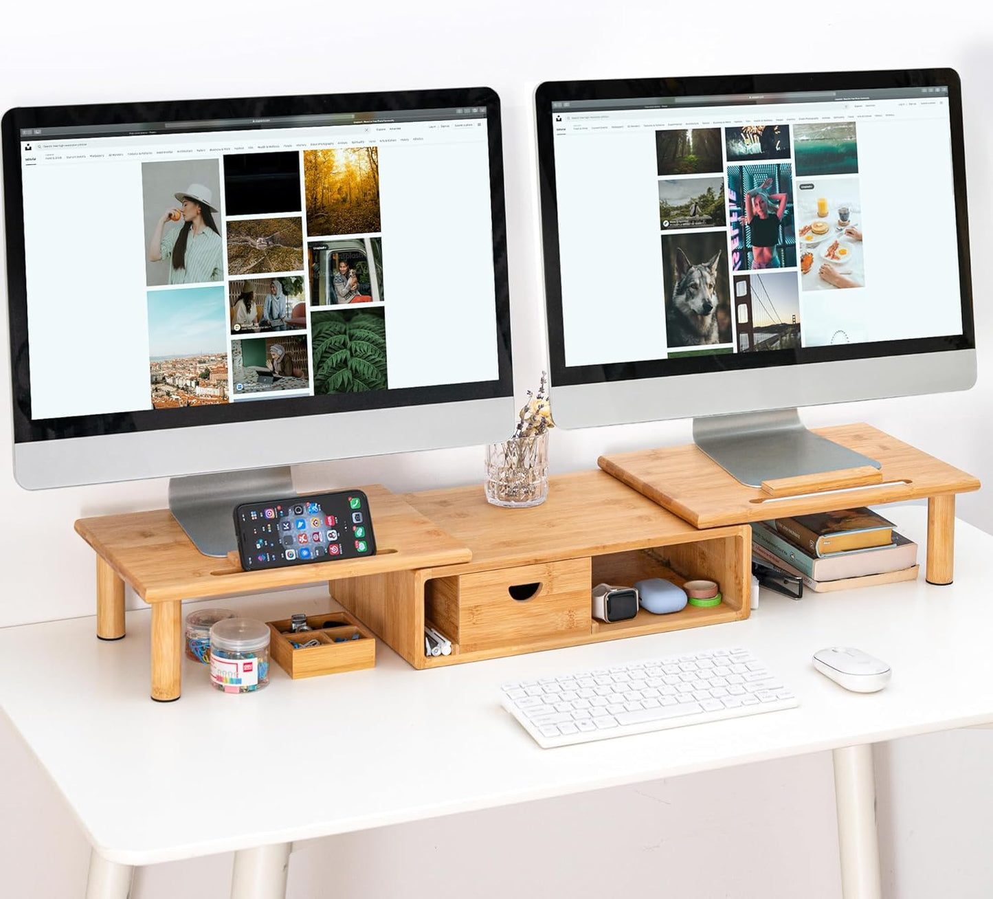 Bamboo Dual Monitor Riser - Adjustable & Organized Workspace