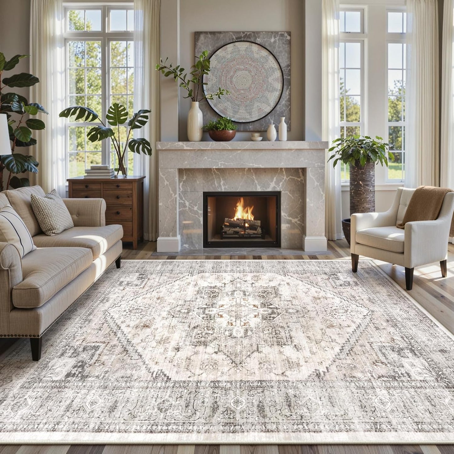 LIVEBOX Washable Area Rug 8x10 - Large Taupe Vintage Tribal