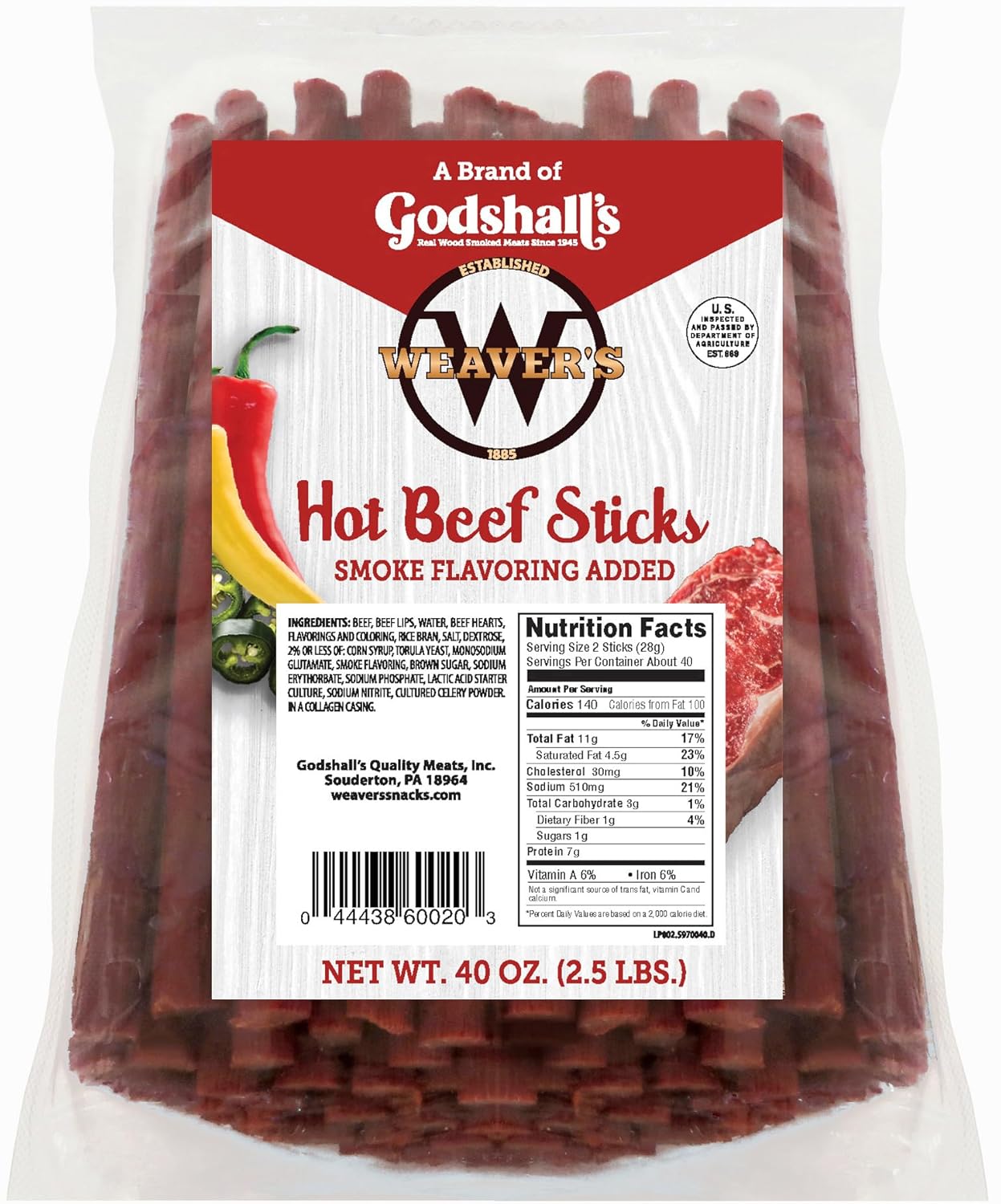 Weavers Hot Beef Sticks - 80 Spicy 7 Beef Sticks in 40oz Bag