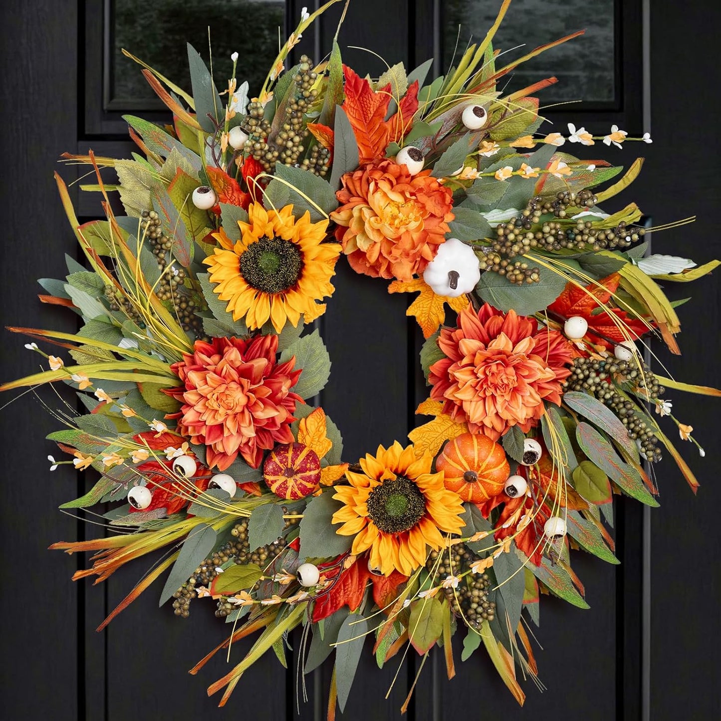 Fall Wreaths for Front Door 24 Inch with Pumpkins & Sunflowers