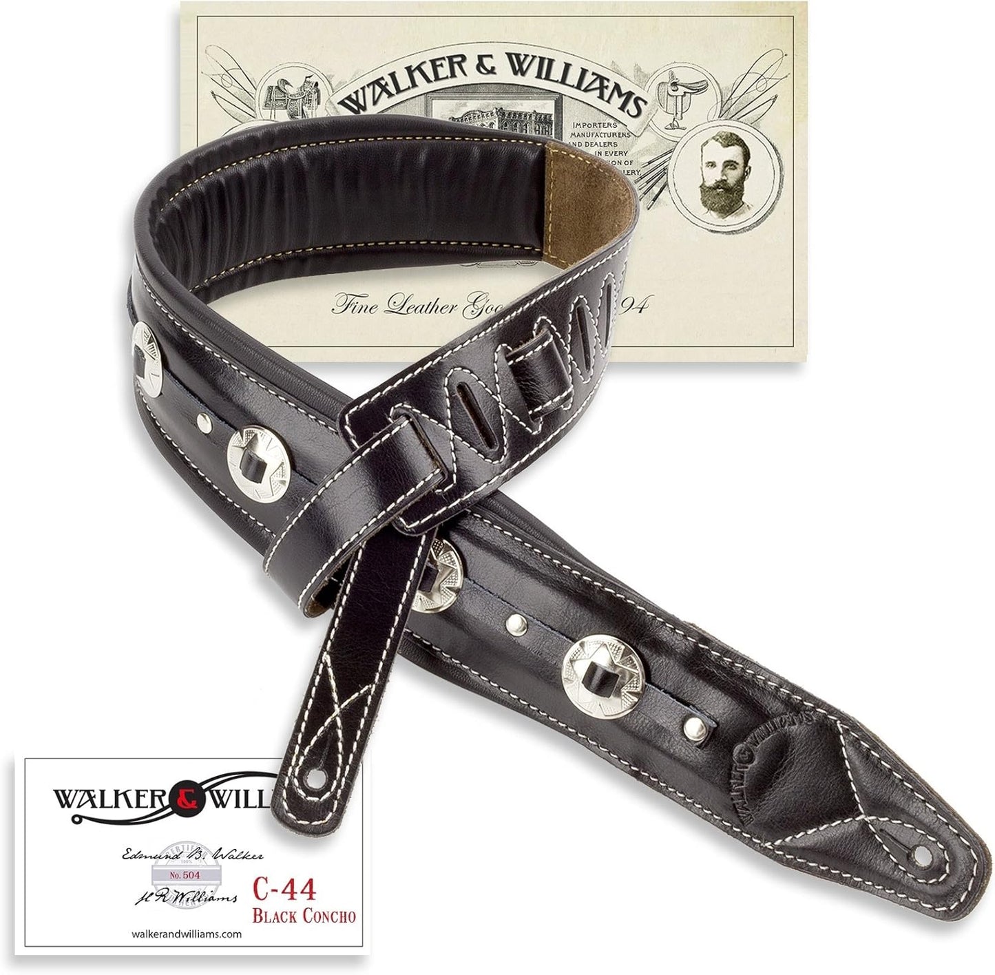 Walker & Williams C-44-BLK Classic Gloss Black Leather Strap