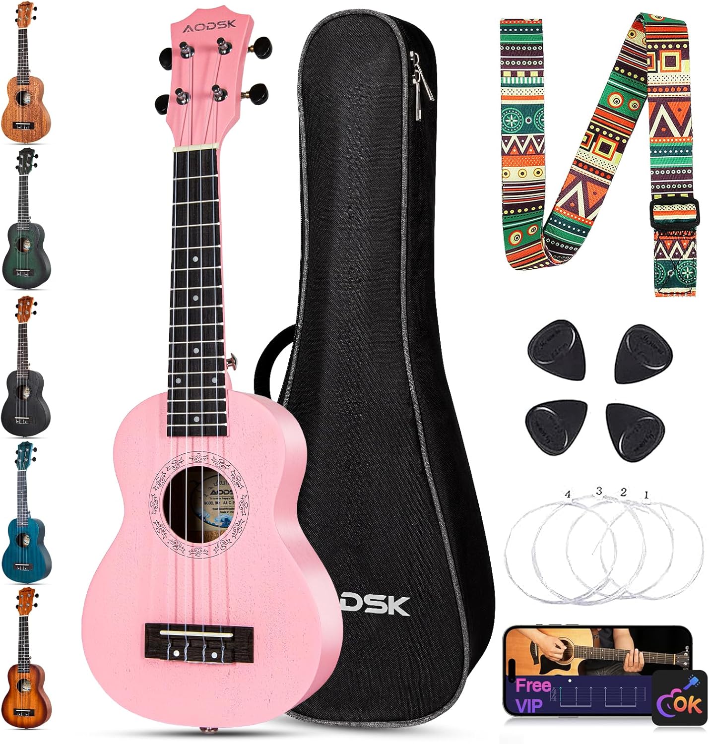 AODSK Soprano Pink Ukulele for Beginners with Gig Bag and Picks
