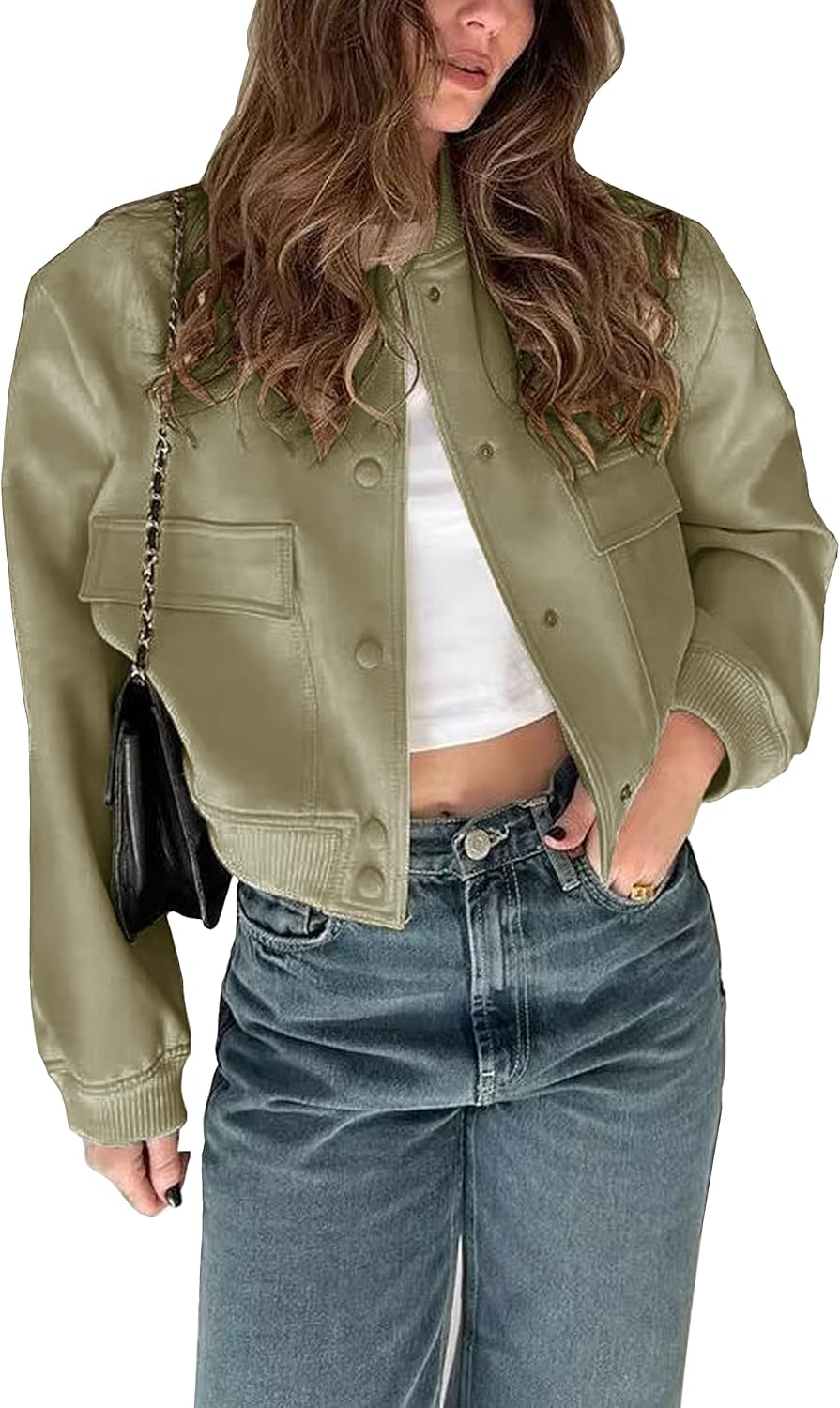 Womens Cropped Bomber Jacket with Button Down Closure and Pockets