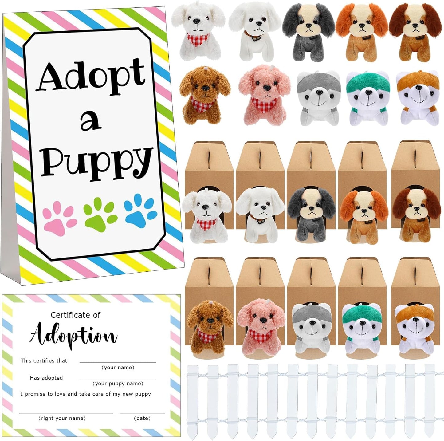 20 Set Adopt A Puppy Favors with Plush Dogs and Adoption Cards