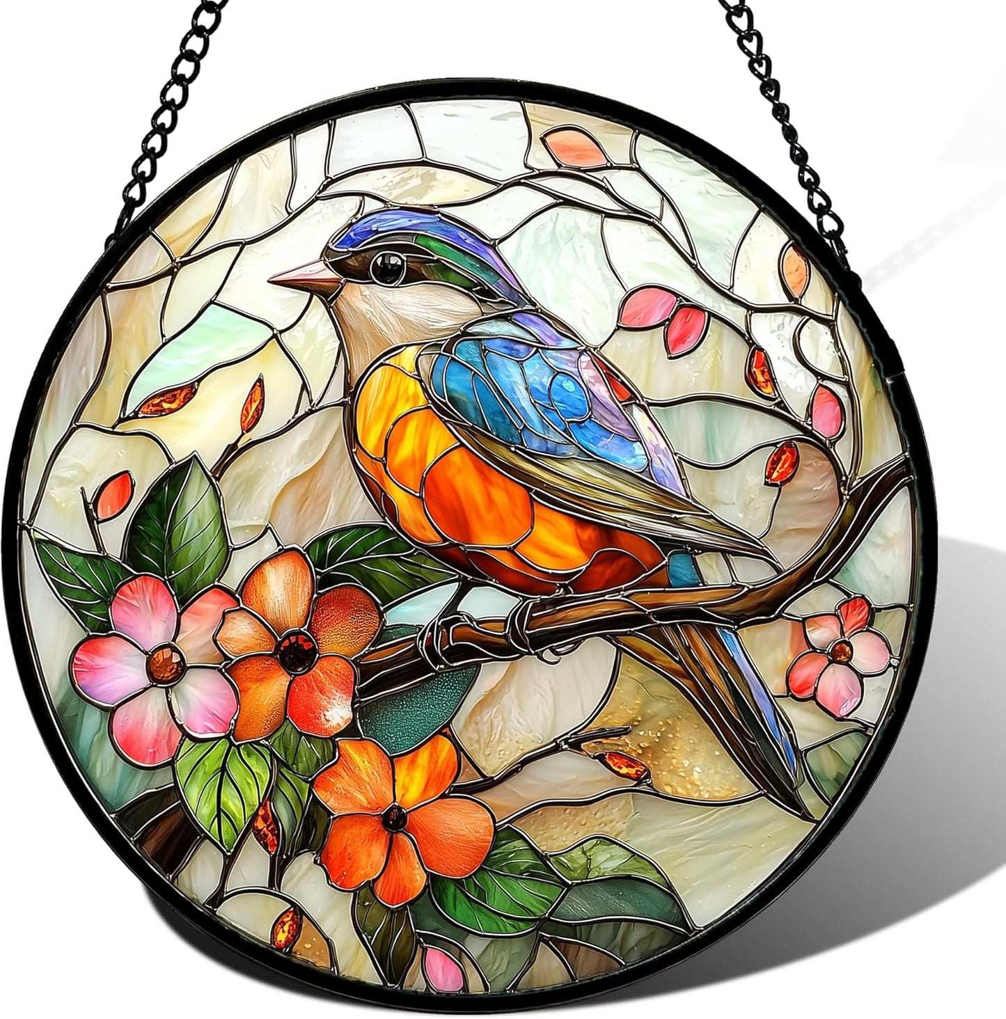 Stained Glass Window Hanging with Blue Bird and Pink Flower