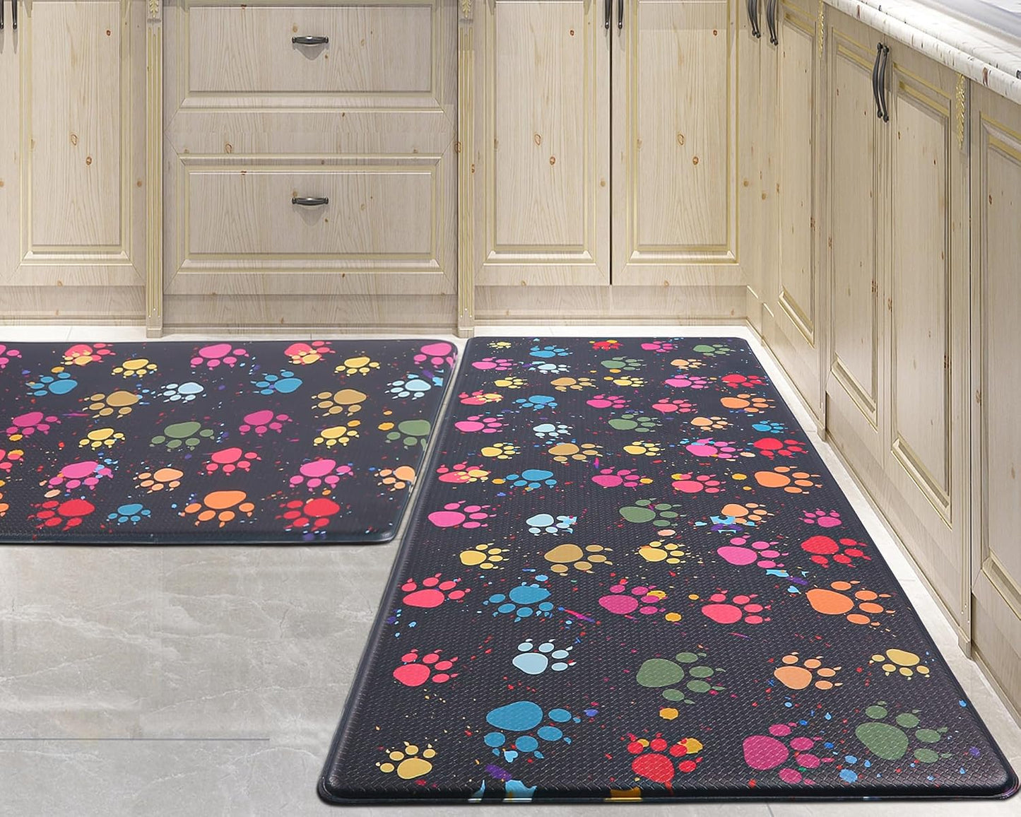 Cushioned Anti-Fatigue Kitchen Mat with Colorful Paws Design