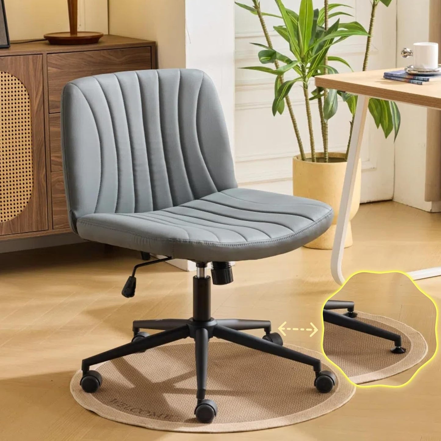 VINGLI Cross Legged Office Chair, Swivel Desk Chair with Cat Scratch PU Leather, Grey