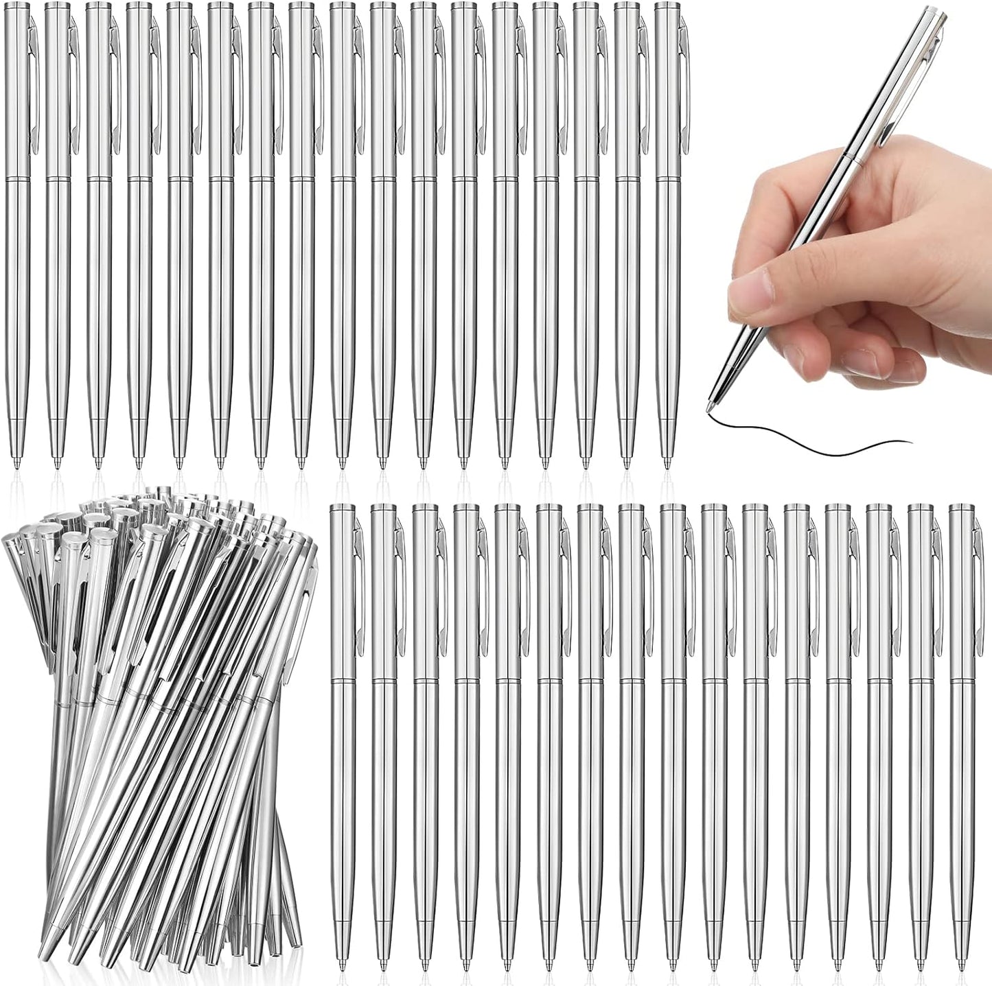 Lincia 100 Pieces Silver Slim Metal Ballpoint Pens for Smooth Writing