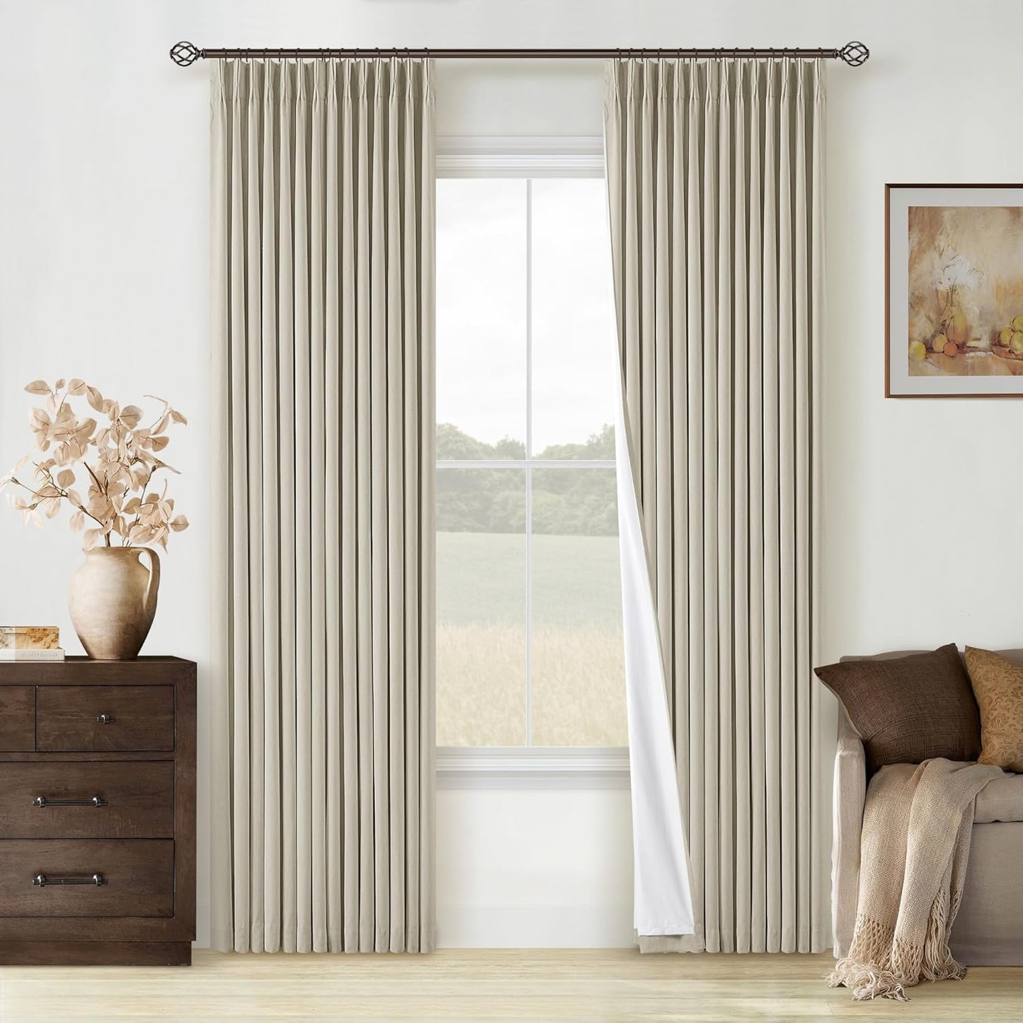 Beige Pinch Pleated 100% Blackout Linen Curtains for Bedroom