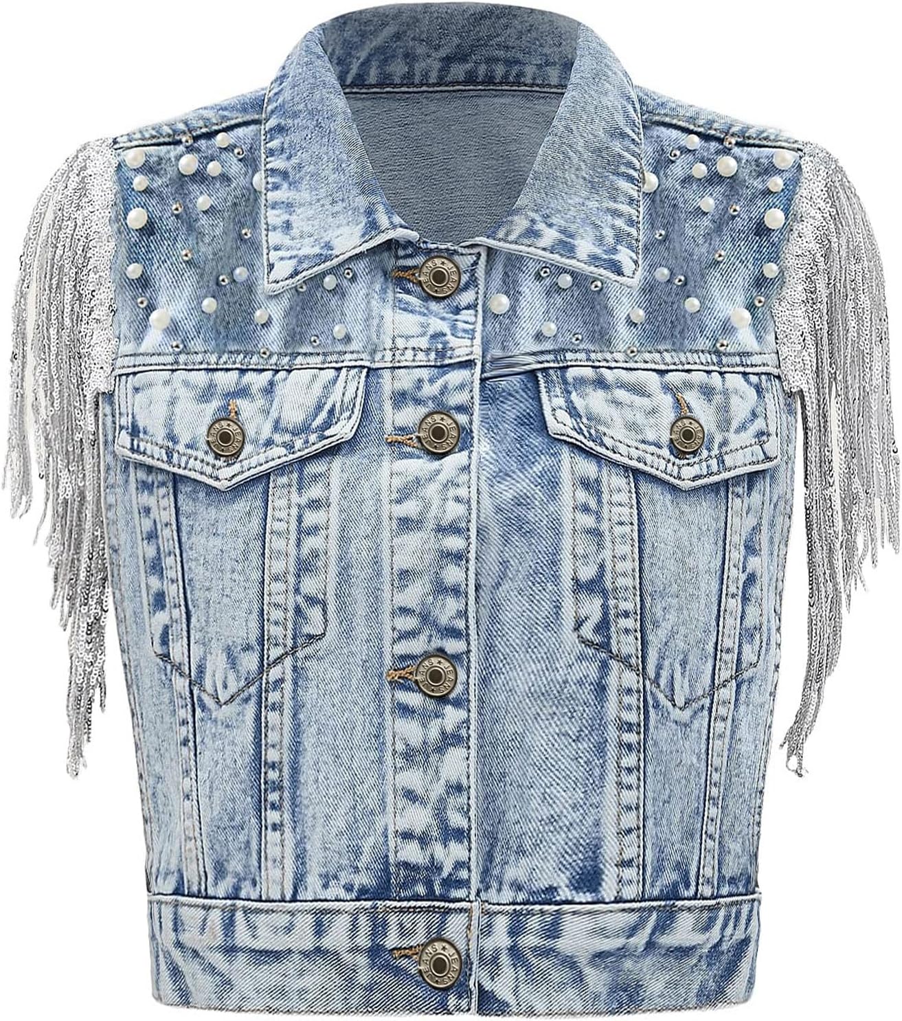 Women's Pearls Beading Denim Vest with Sequin Fringe Style