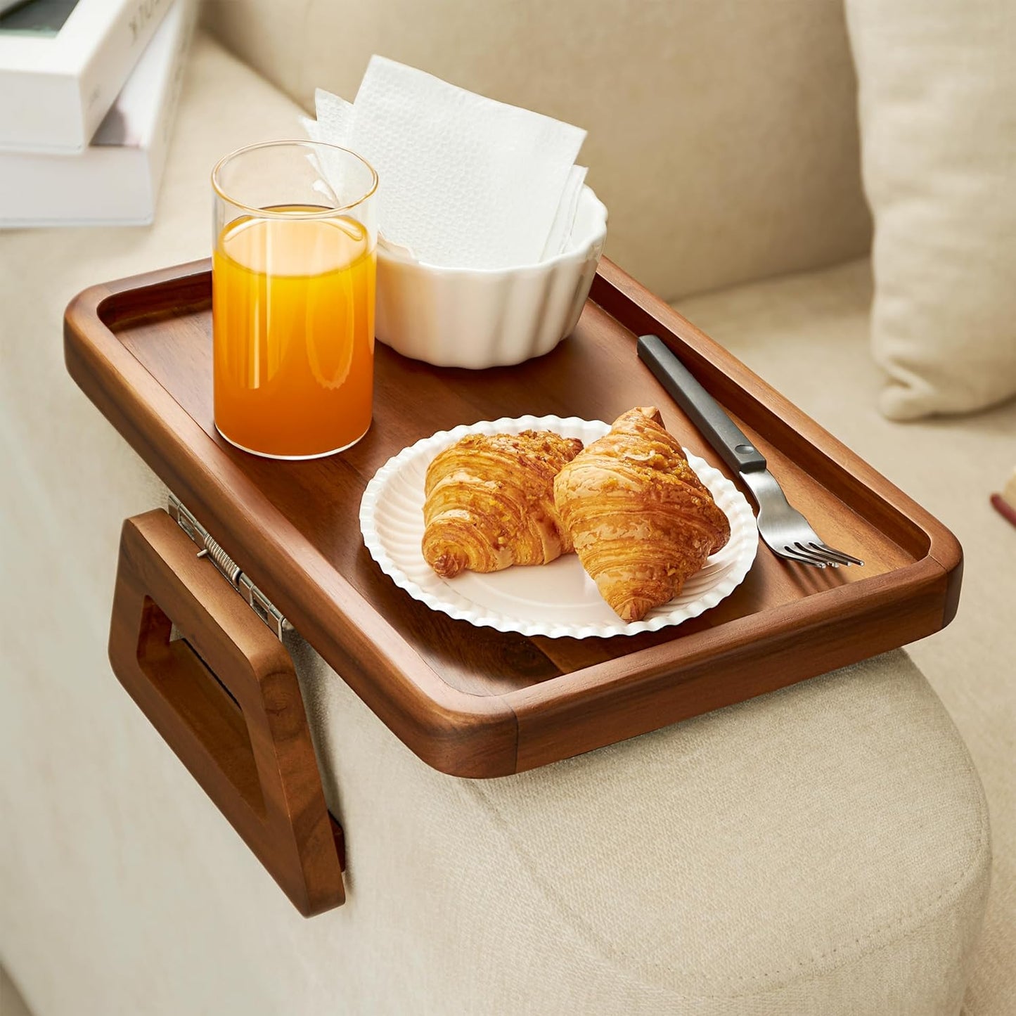 Tinamo Acacia Couch Arm Table - Stylish Clip-on Tray Solution