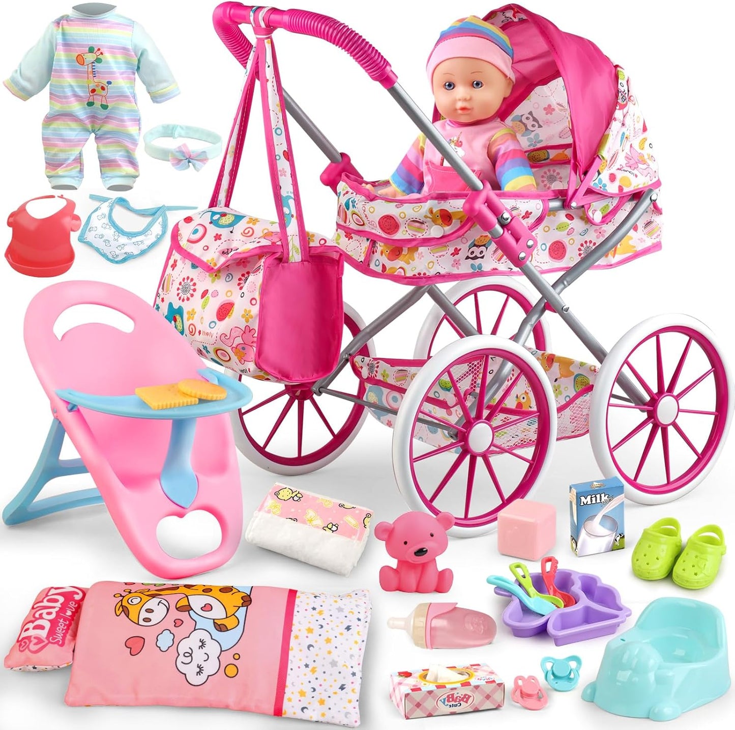 Baby Doll Stroller Toys Set with 12.5in Doll and Accessories