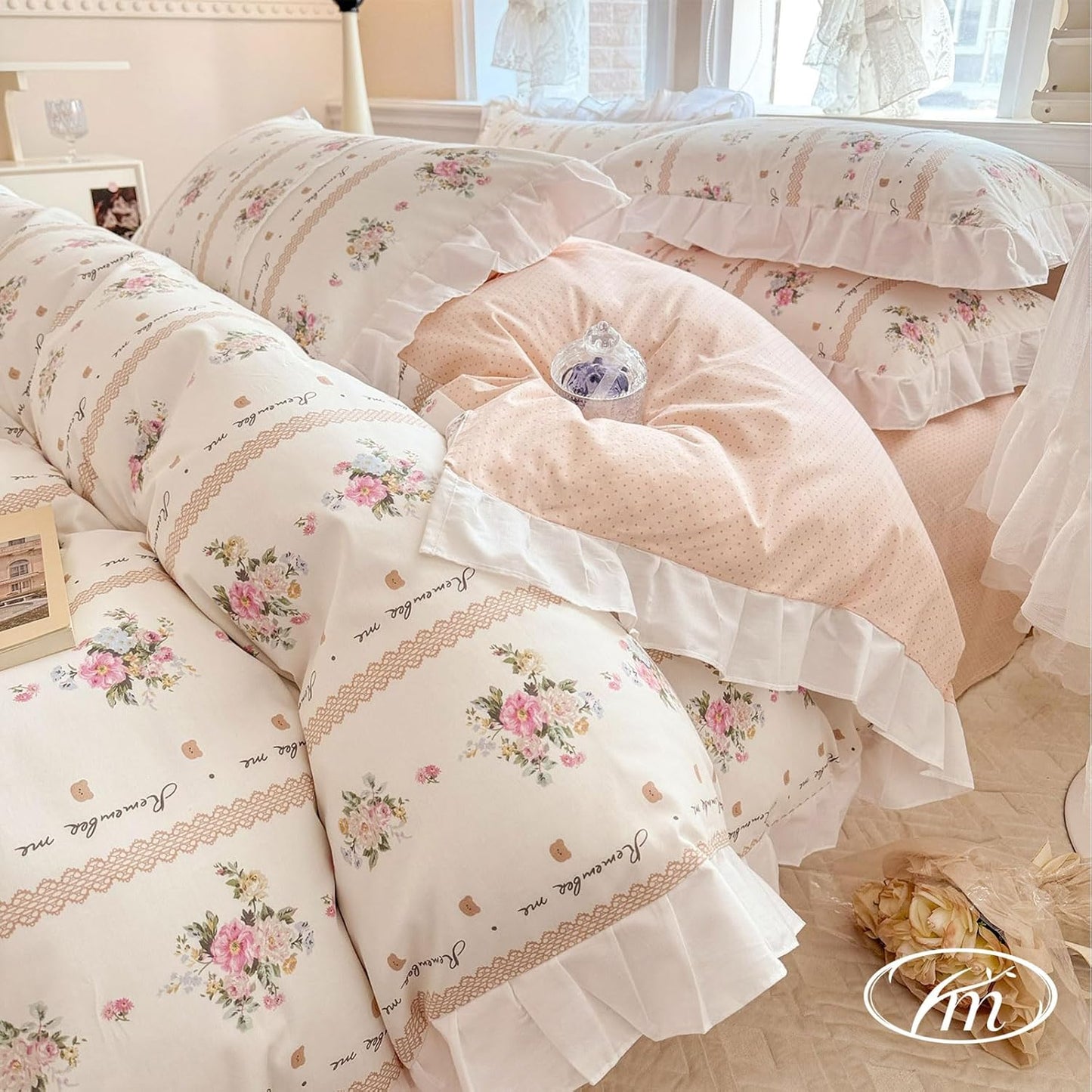 Elegant Pink Flower Ruffle Duvet Cover Queen for Teen Girls