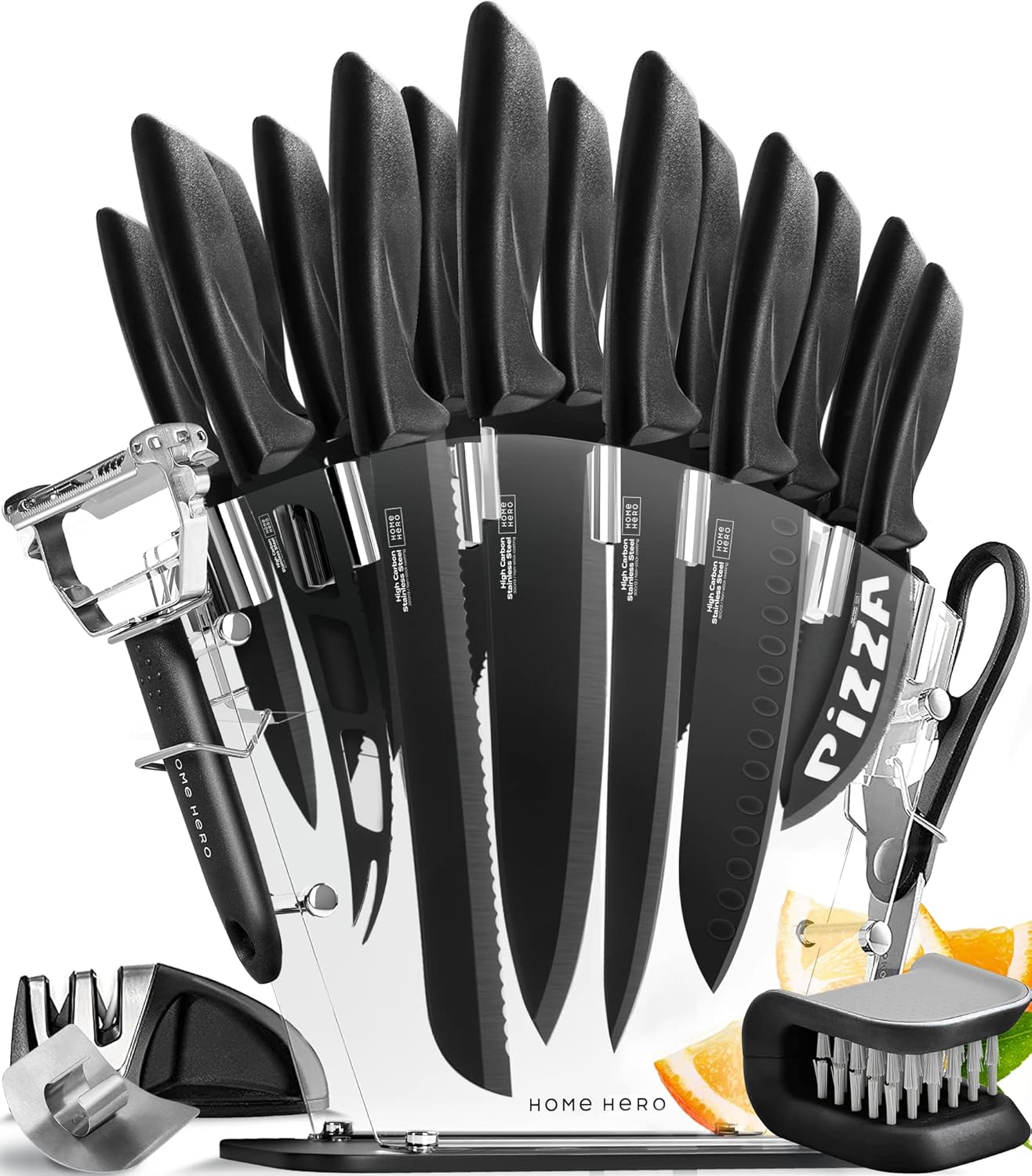 Home Hero Kitchen Knife Set with Sharpener - 20 Piece Black