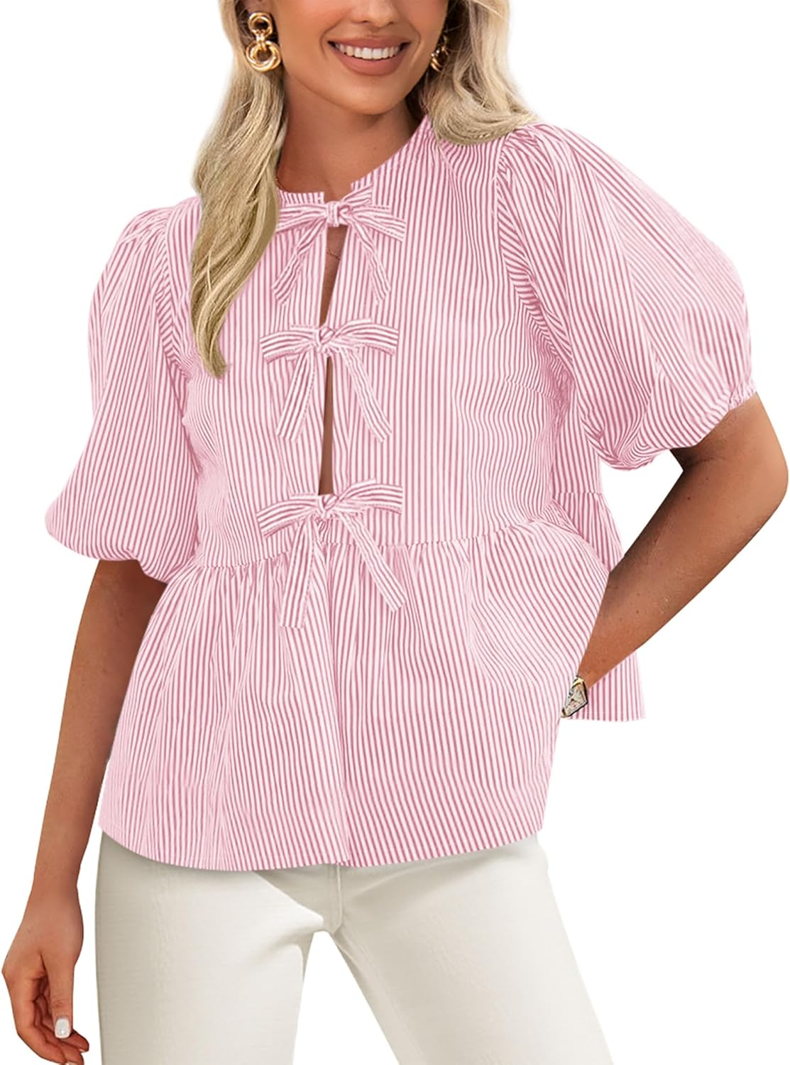 Trendy Women's Tie Front Striped Shirt for Summer Fashion