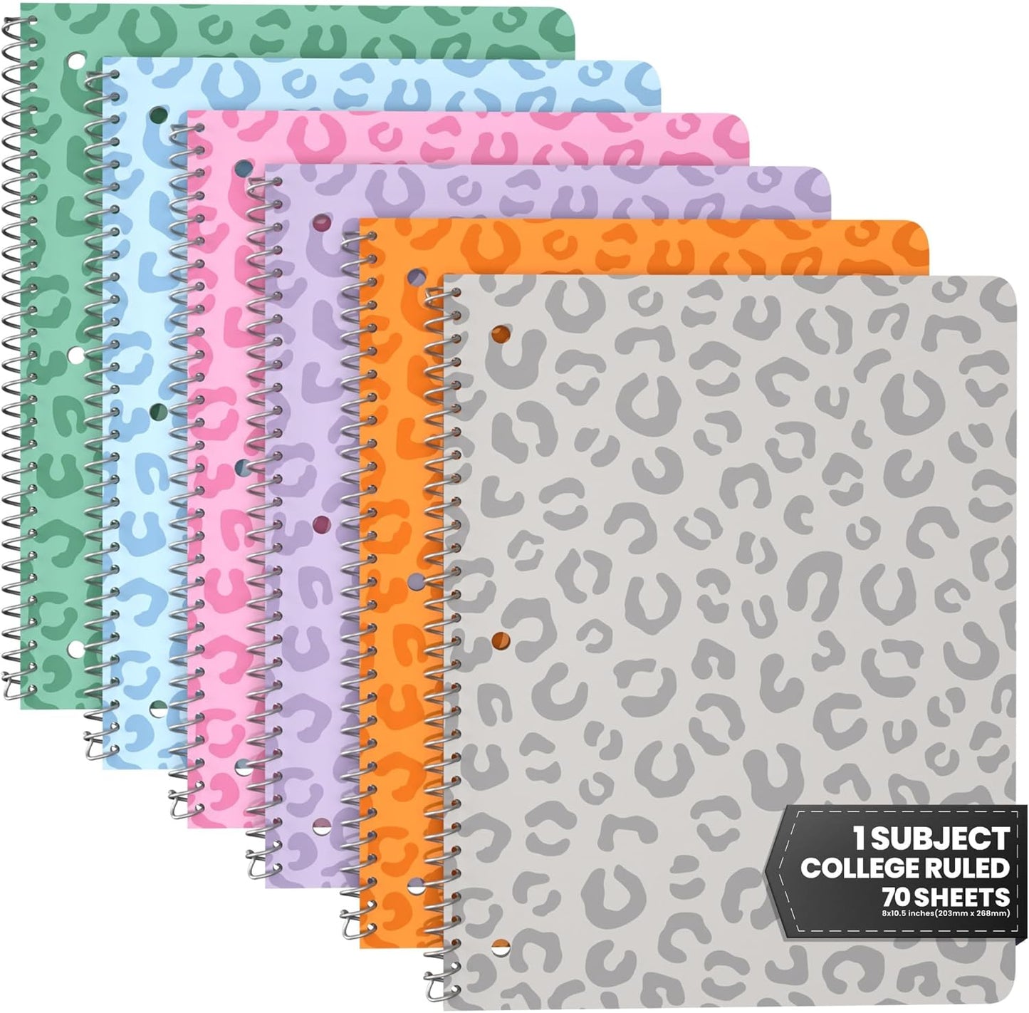6-Pack Leopard Print College Notebooks, 70 Sheets, Assorted Soft Colors - ScribbleMate