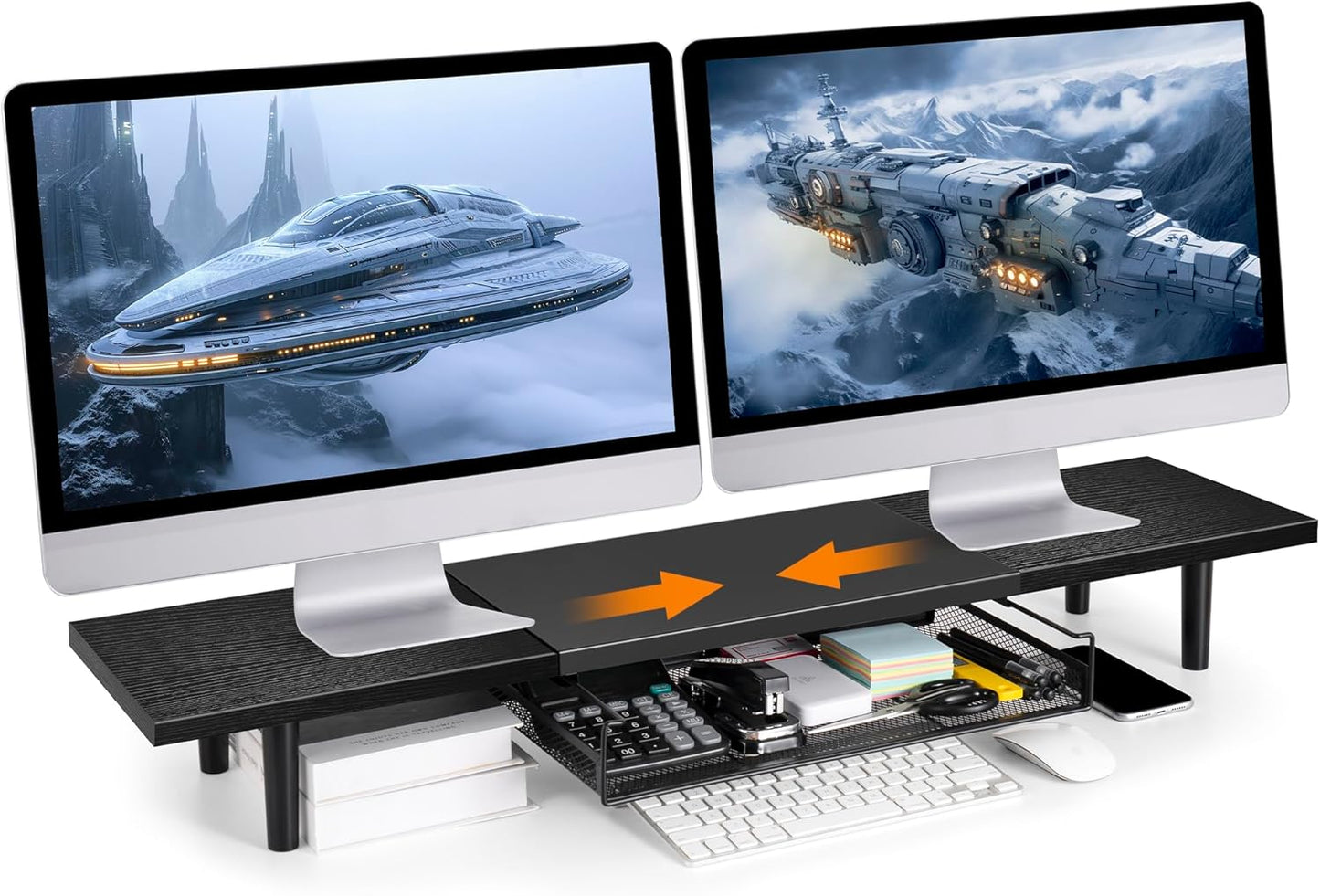 Space-Saving Dual Monitor Riser with Drawer ~ Across-Star
