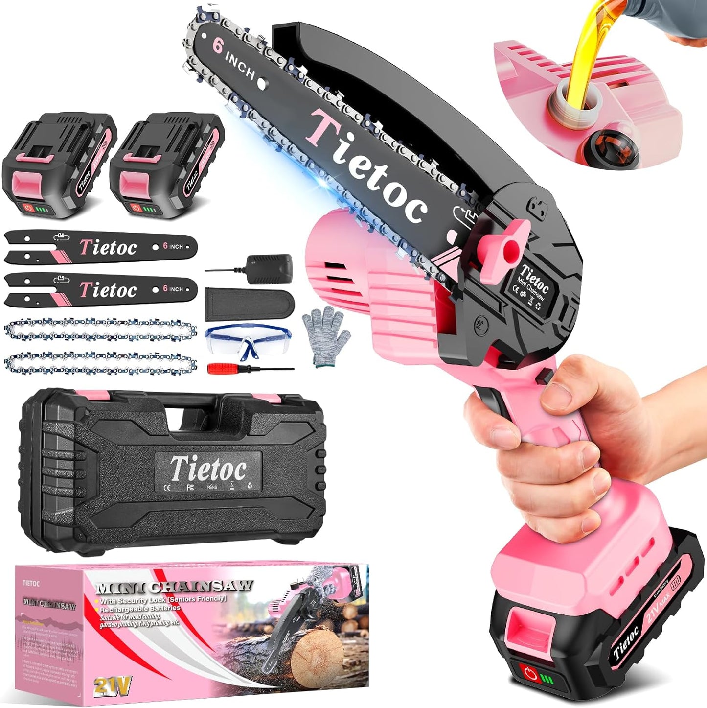 Tietoc Pink Mini Chainsaw 6 Inch Cordless for Garden Tasks