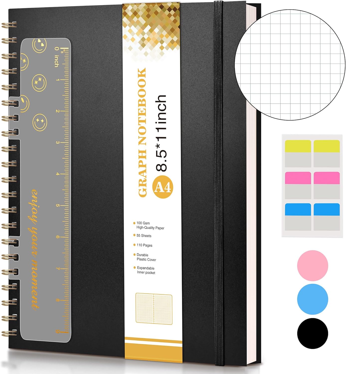 Spiral Graph Notebook 8.5x11 | 100 GSM Grid Paper | Durable Plastic Cover | Ideal for Work & School
