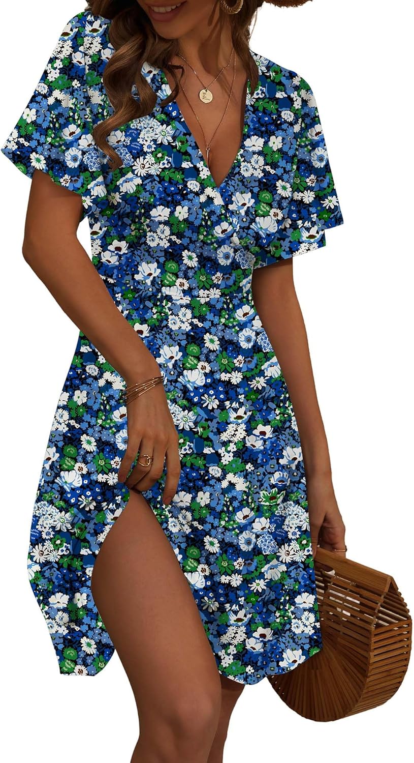 FENSACE Womens Sundress Summer Floral Short Sleeve Wrap Dress