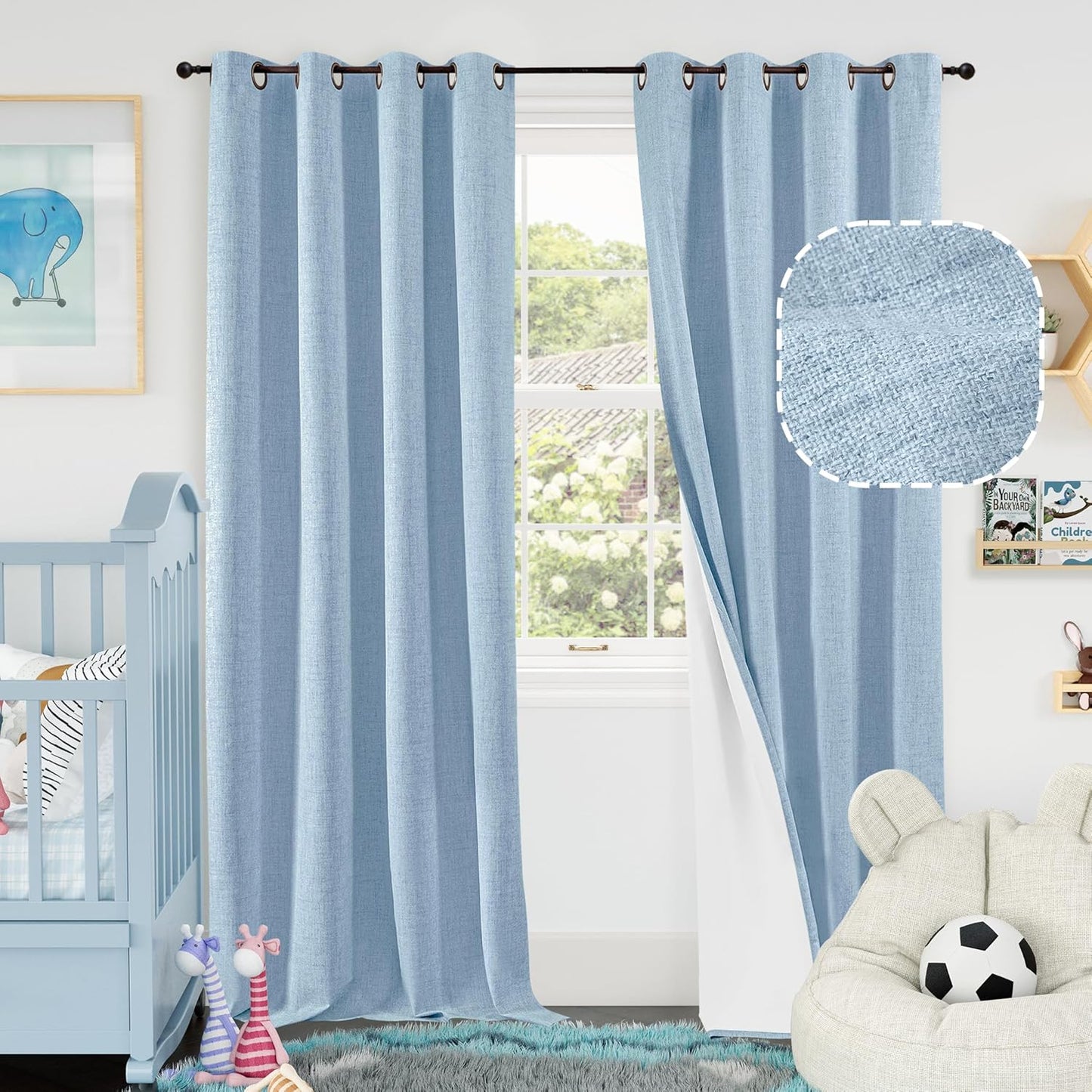 Blue Linen Blackout Curtains for Kids Bedroom 84 Inch Length