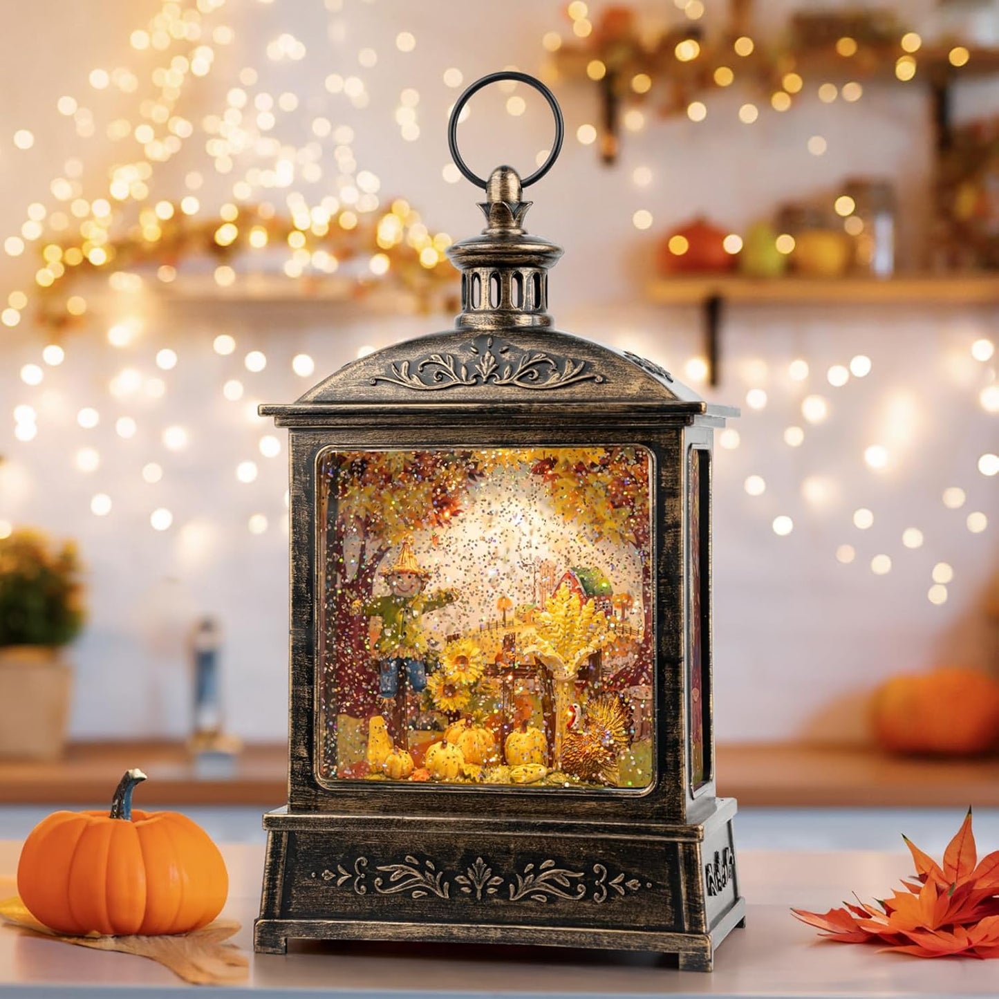 12.5ft' Fall Snow Globe Lantern with Scarecrow and Turkey Decor