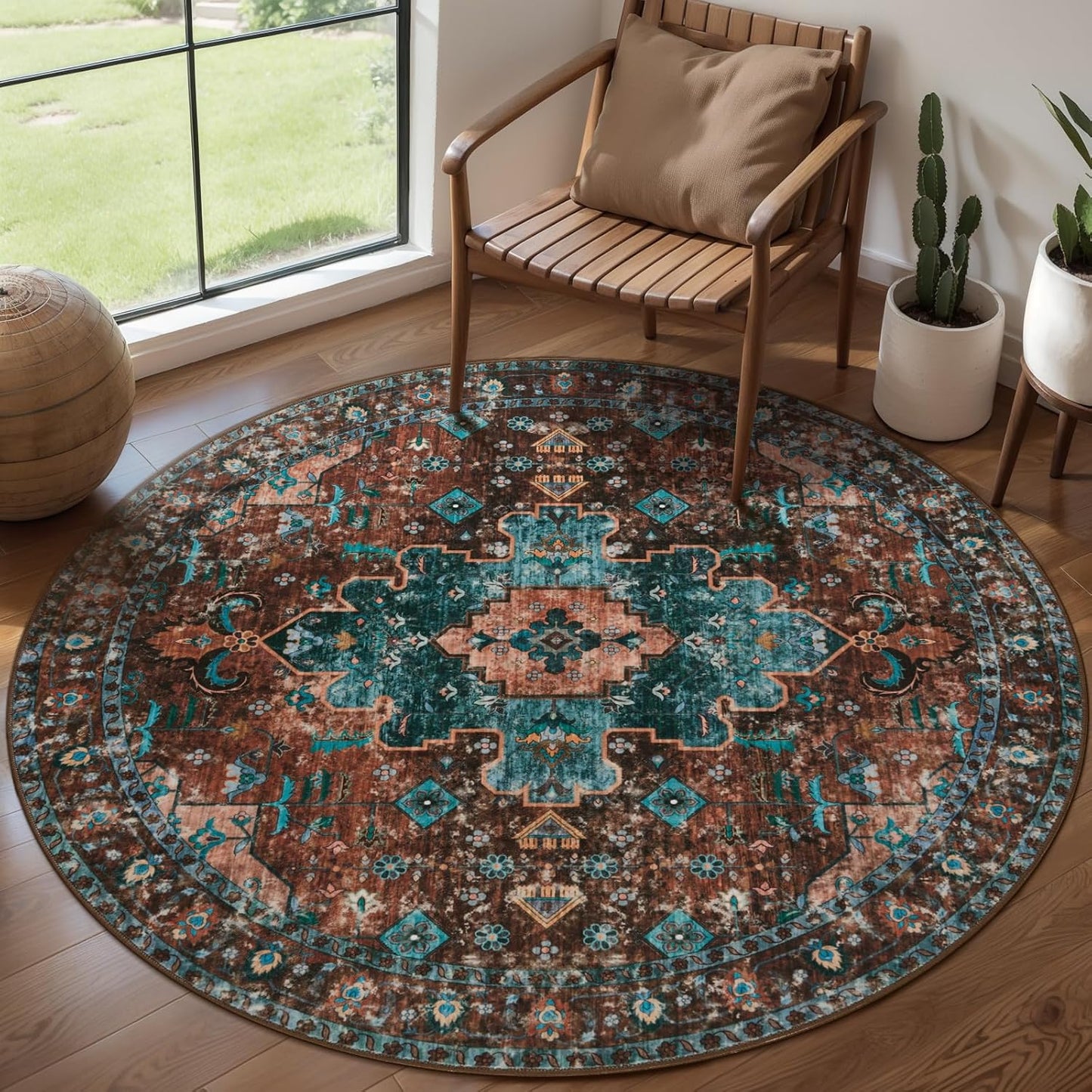 Ciicool Boho Area Rug 4x4ft Round Vintage Non-Slip Carpet