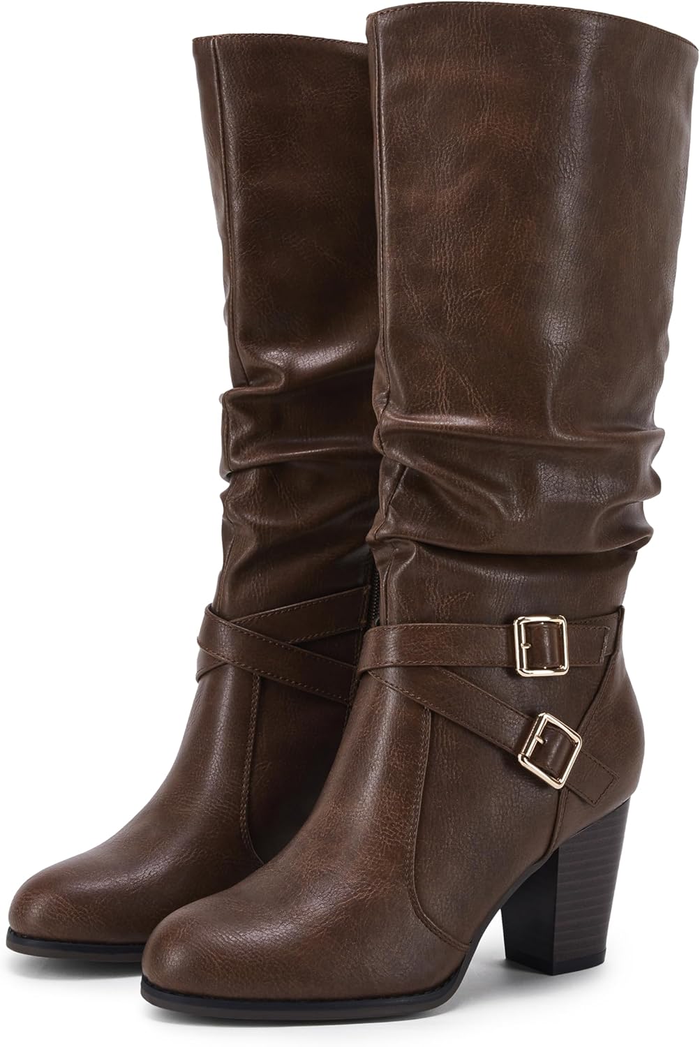 Ermonn Womens Mid Knee High Boots with Chunky Heel and Zipper
