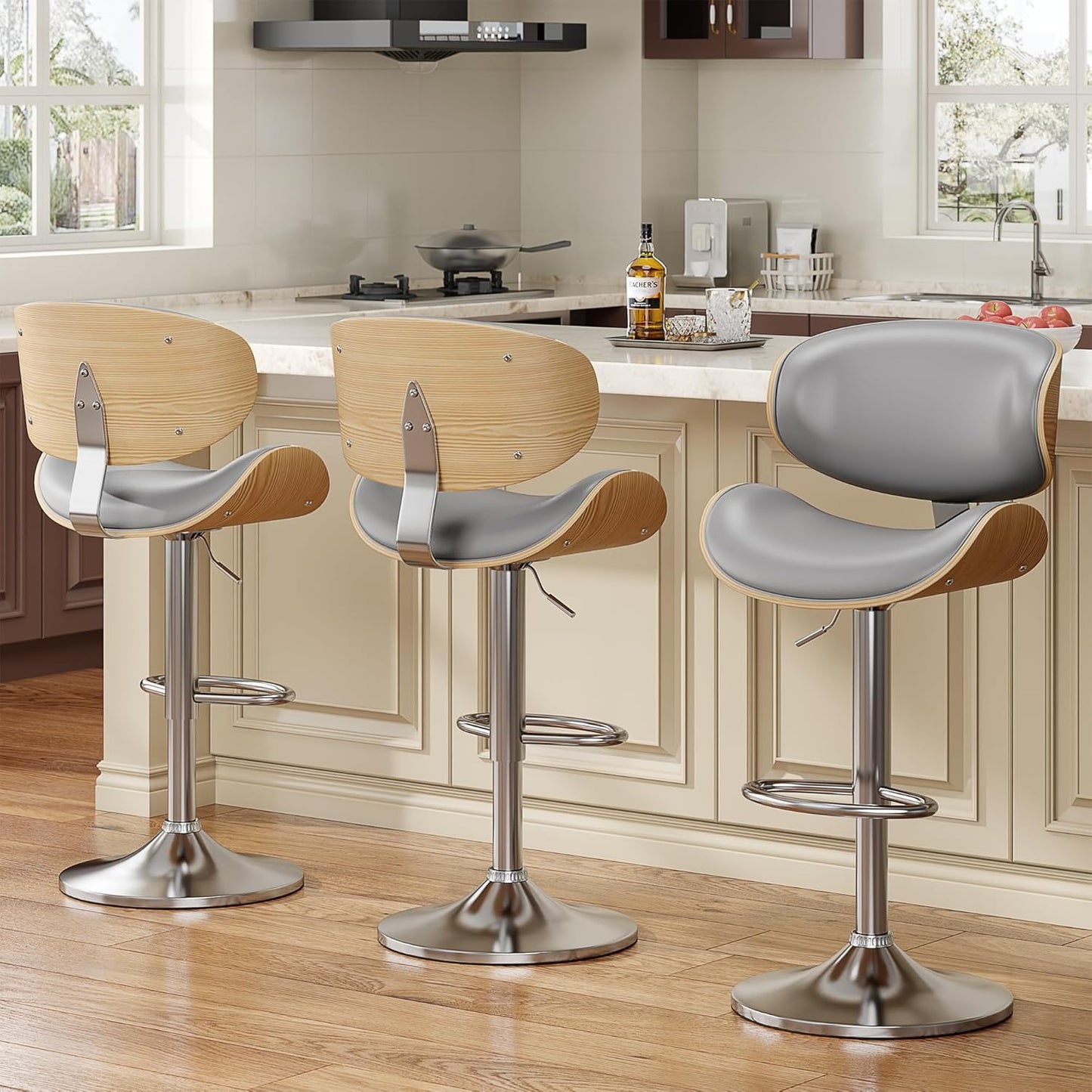 Bentwood Adjustable Height Swivel Bar Stools Set of 3 in Grey
