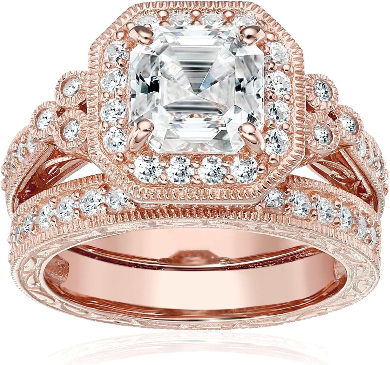 Antique Style Sterling Silver Ring Set with Asscher-Cut Zirconia