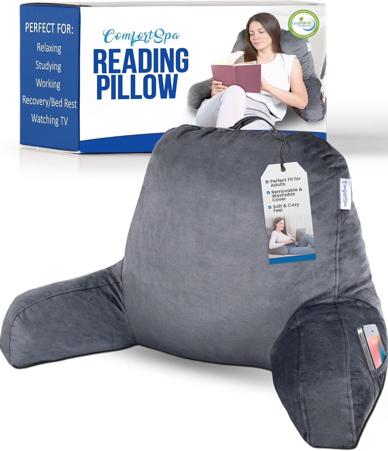 ComfortSpa Reading Pillow for Bed with Arms and Pockets