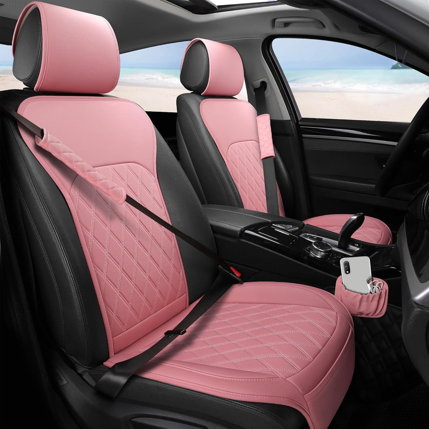 Sanwom Front Car Seat Covers - Stylish Leather with Storage Pocket