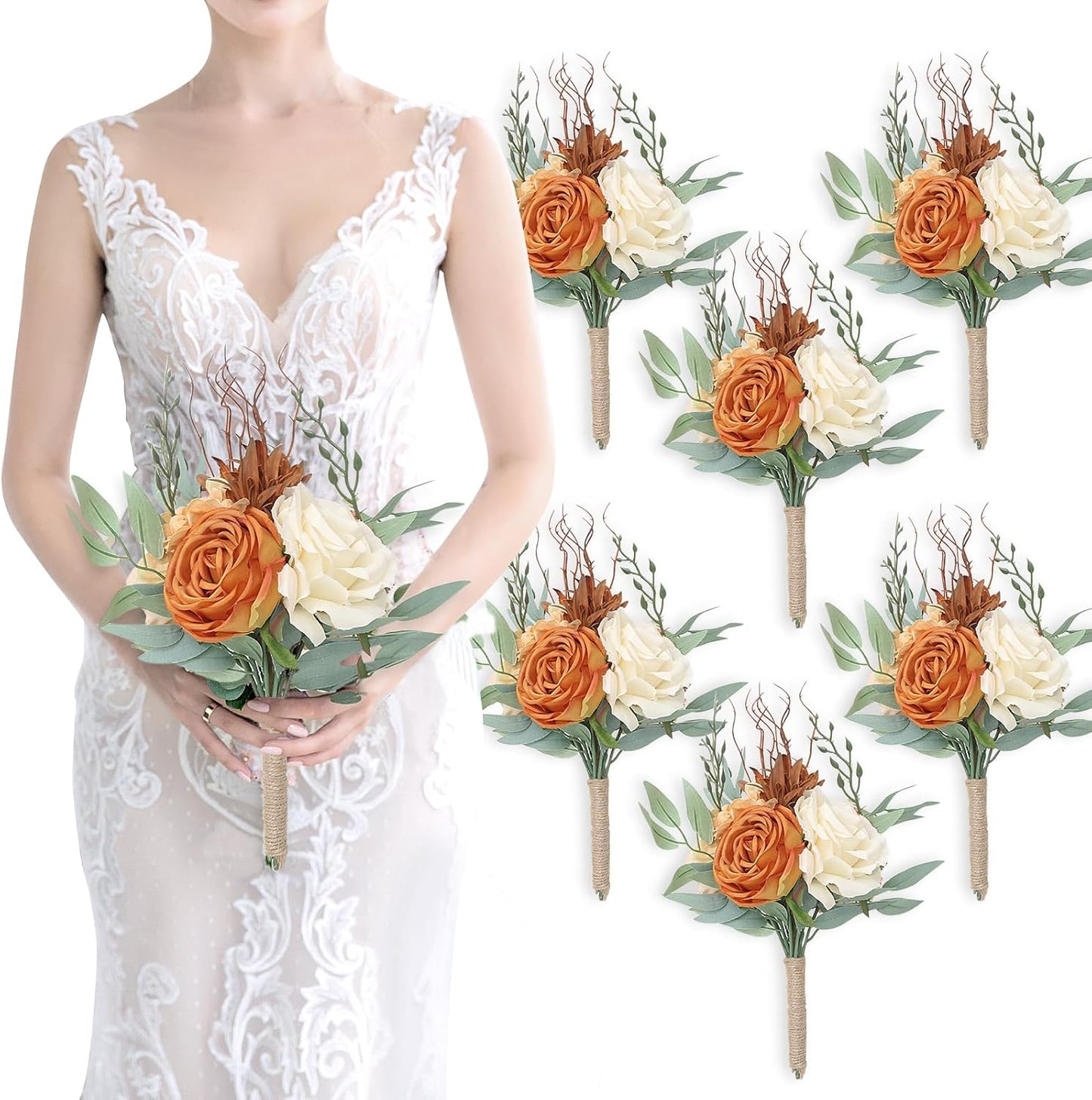 Bridesmaid Bouquets for Wedding - Set of 6 Artificial Flowers