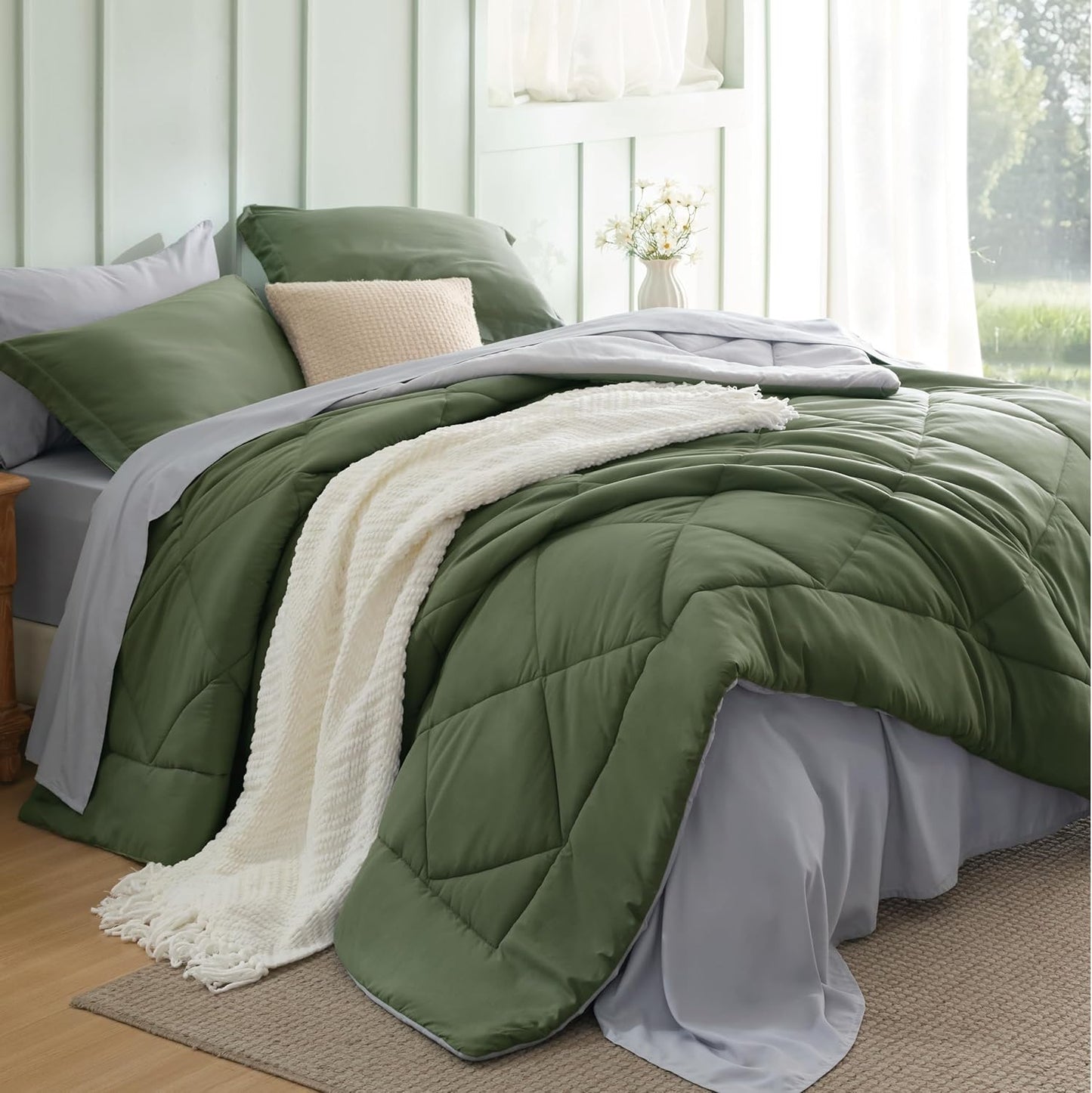 Bedsure King Size Comforter Set - 7 Pieces Reversible Olive Green