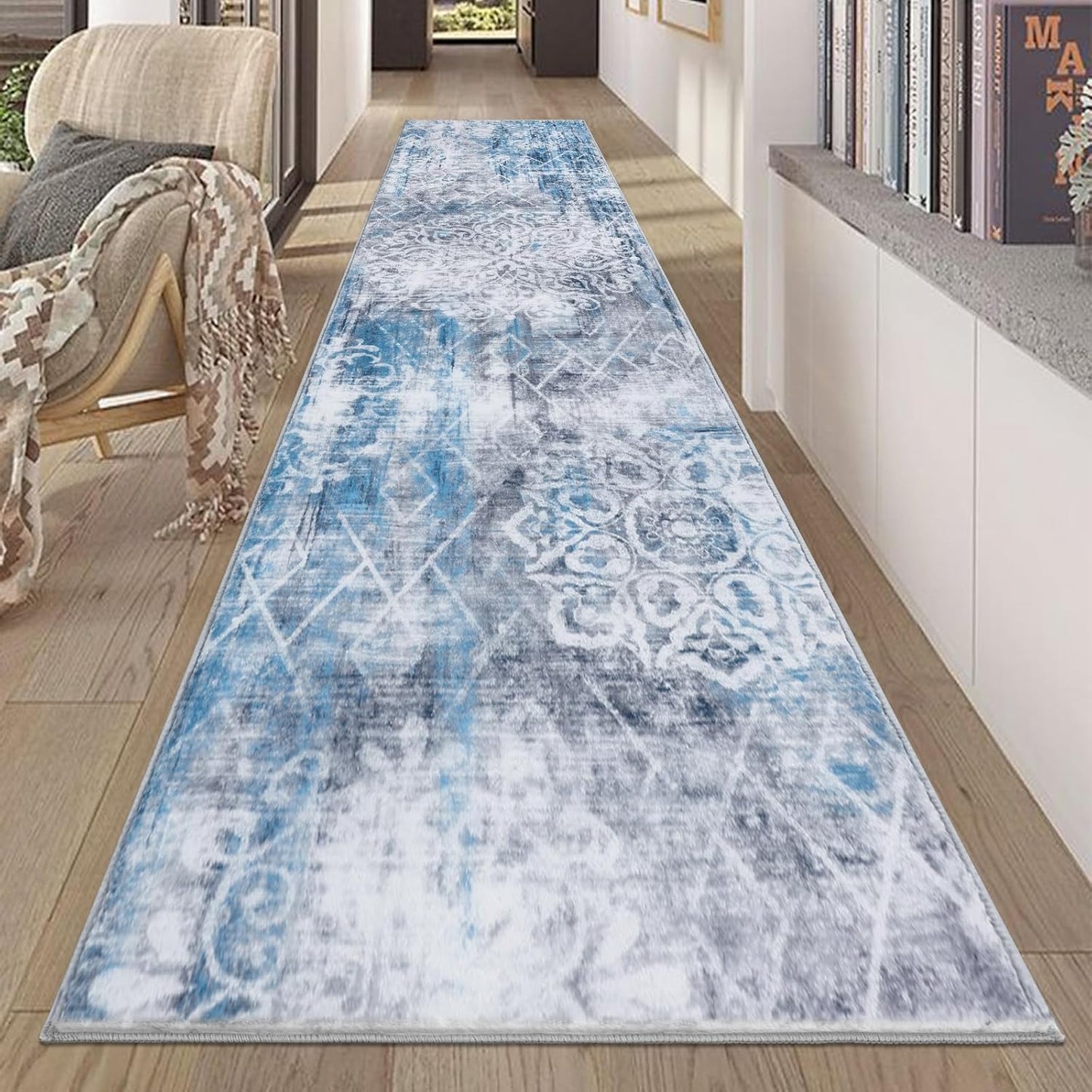 HEBE Hallway Runner Rug 2ftx10ft Vintage Distressed Non Slip