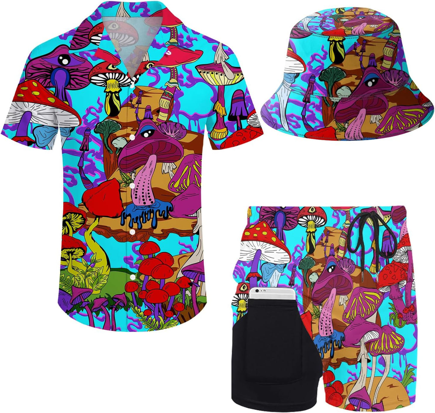 Mens 2 Piece Tracksuit Hawaiian Shirt and Compression Shorts Set
