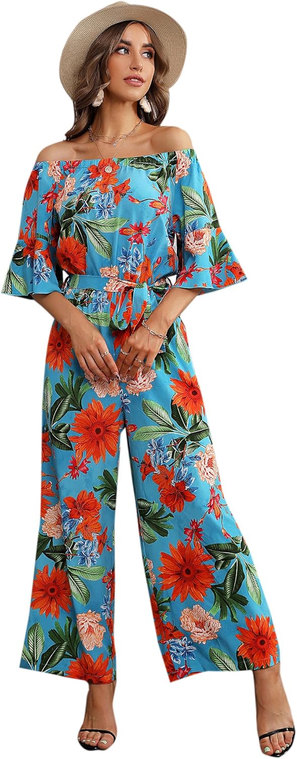 Floral Off Shoulder Wide Leg Jumpsuit for Women 2025 Casual Outfit