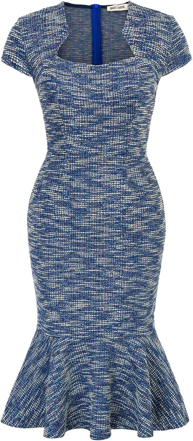 Elegant Cap Sleeve Fishtail Tweed Cocktail Bodycon Dress