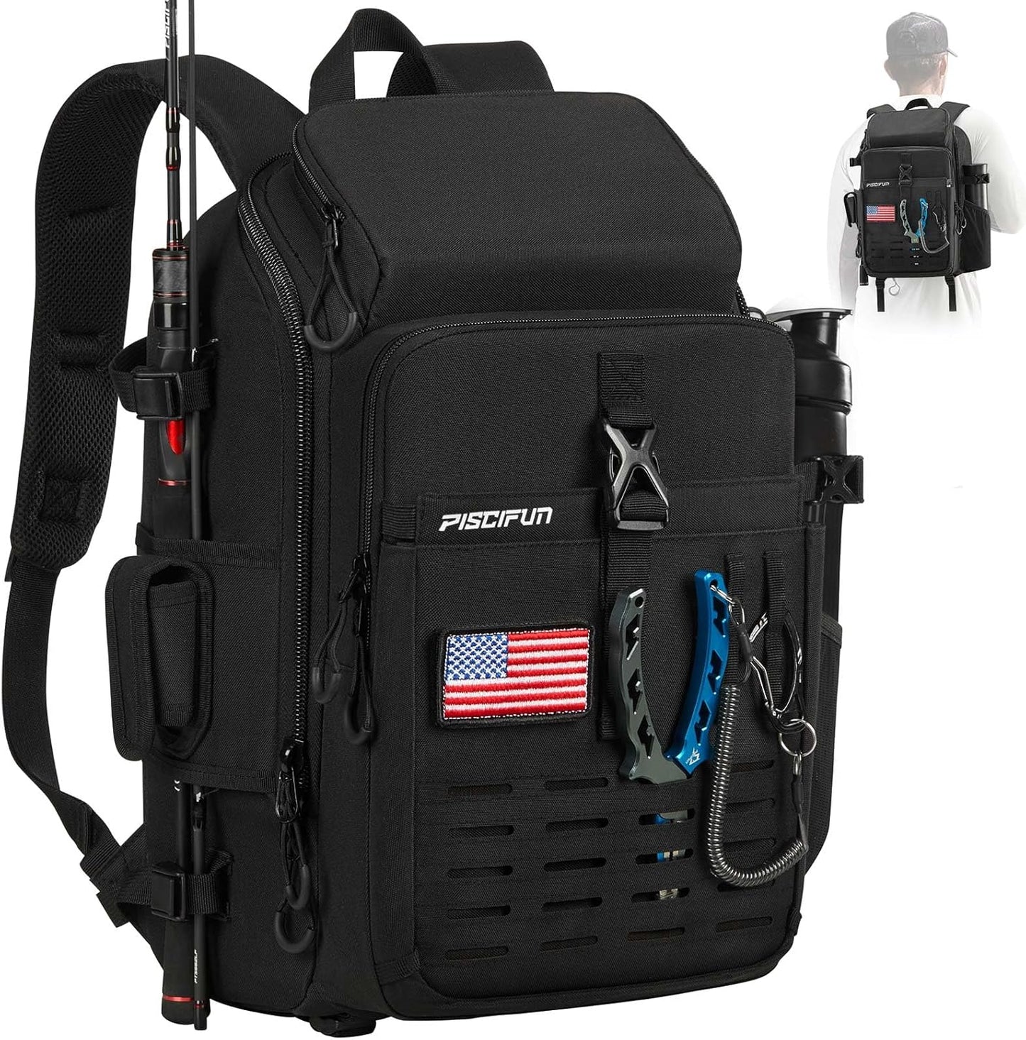 Piscifun Fishing Tackle Backpack with Rod Holder for Anglers