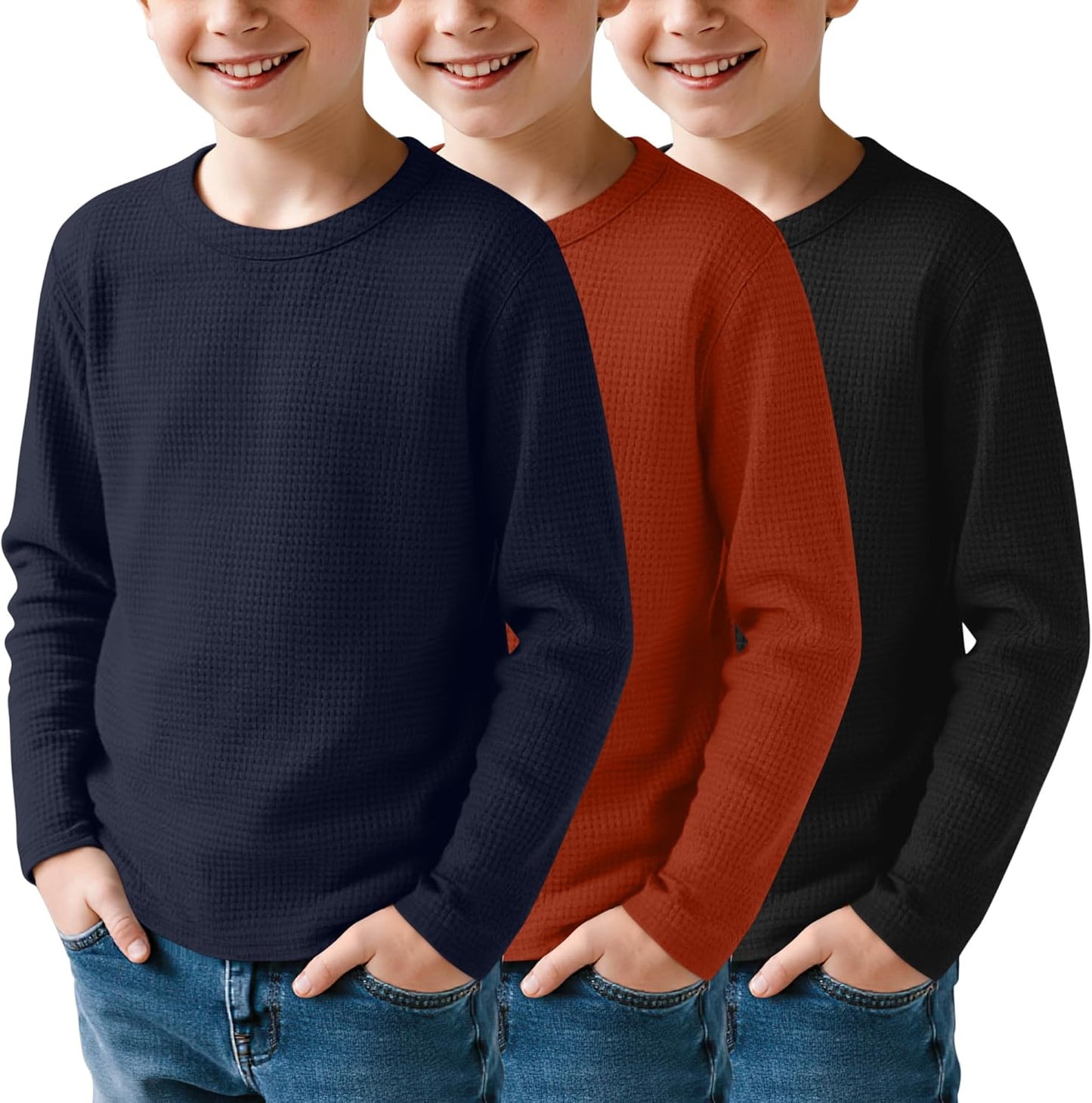 Boys Waffle Long Sleeve T-Shirts 3 Pack for Ages 5-14
