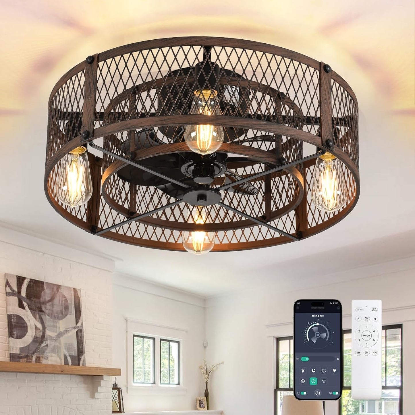 Depuley Flush Mount Ceiling Fan: 20in Caged Ceiling Fan with Lights